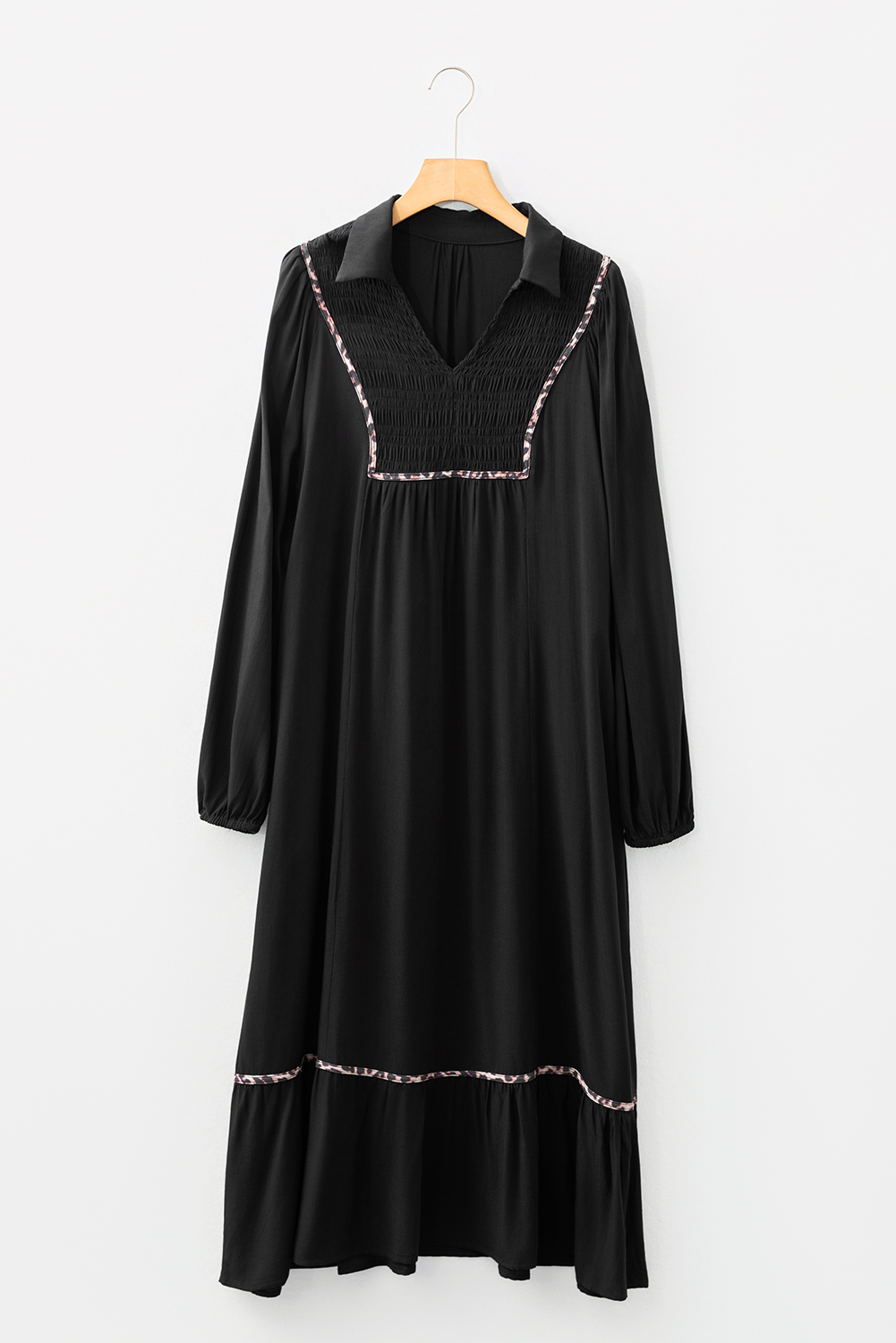 Four Leaf Clover Collared V Neck Smocked Detail Contrast Leopard Trim Bracelet Sleeve Long Dress