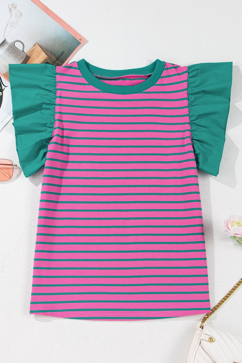 Pink Stripe Collared V Neck Puff Sleeve T Shirt Dress