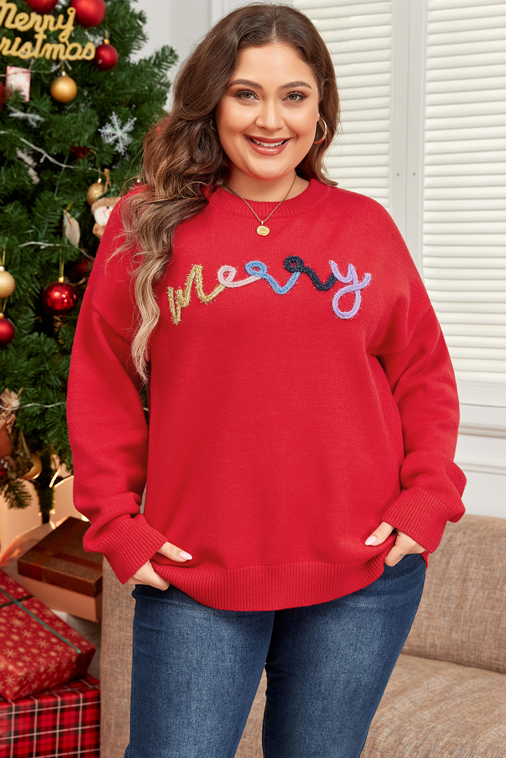 Fiery Red Tinsel Merry Letter Drop Shoulder Baggy Sweater