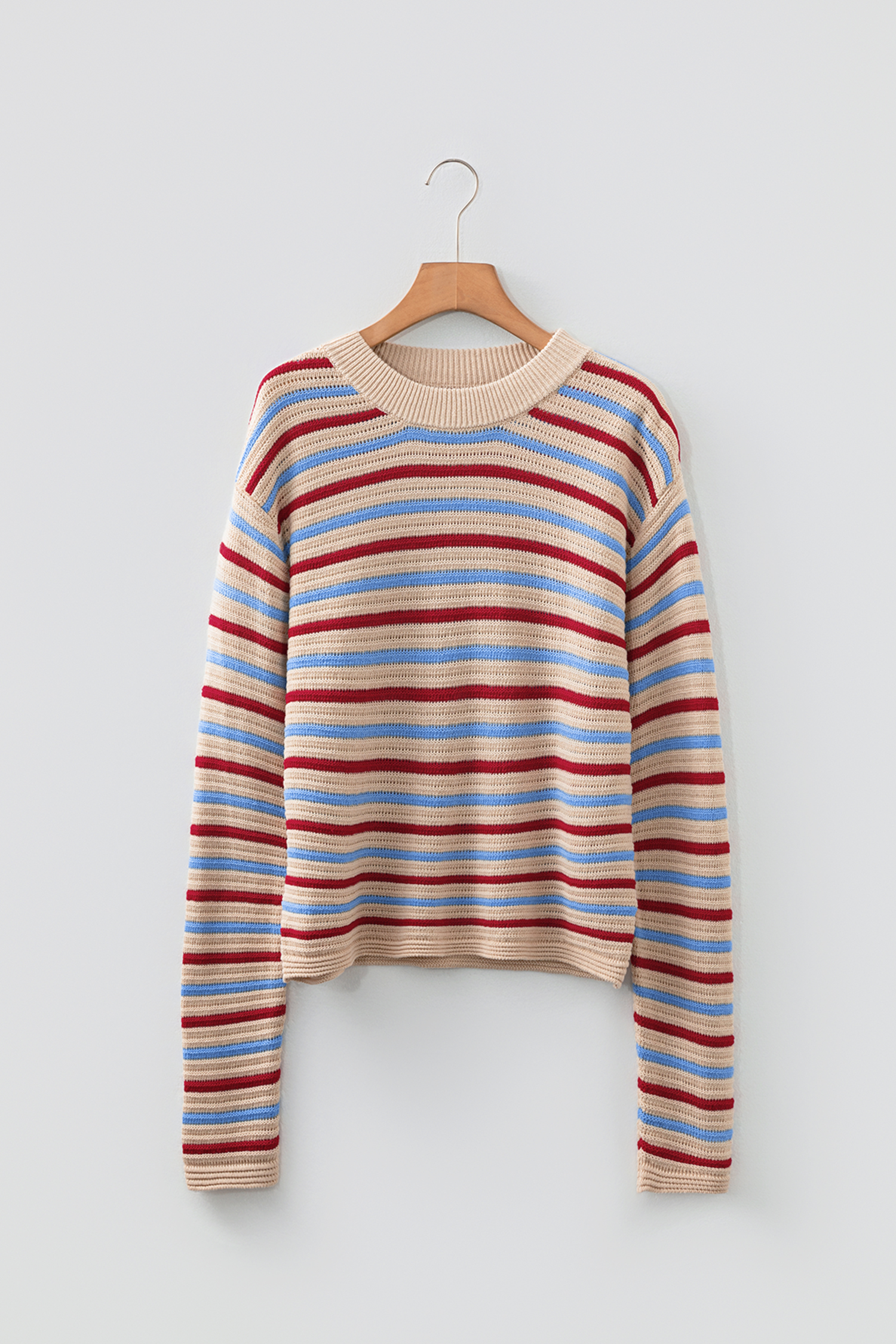 Khaki Stripe Drop Shoulder Cropped Long Sleeve Fall Sweater