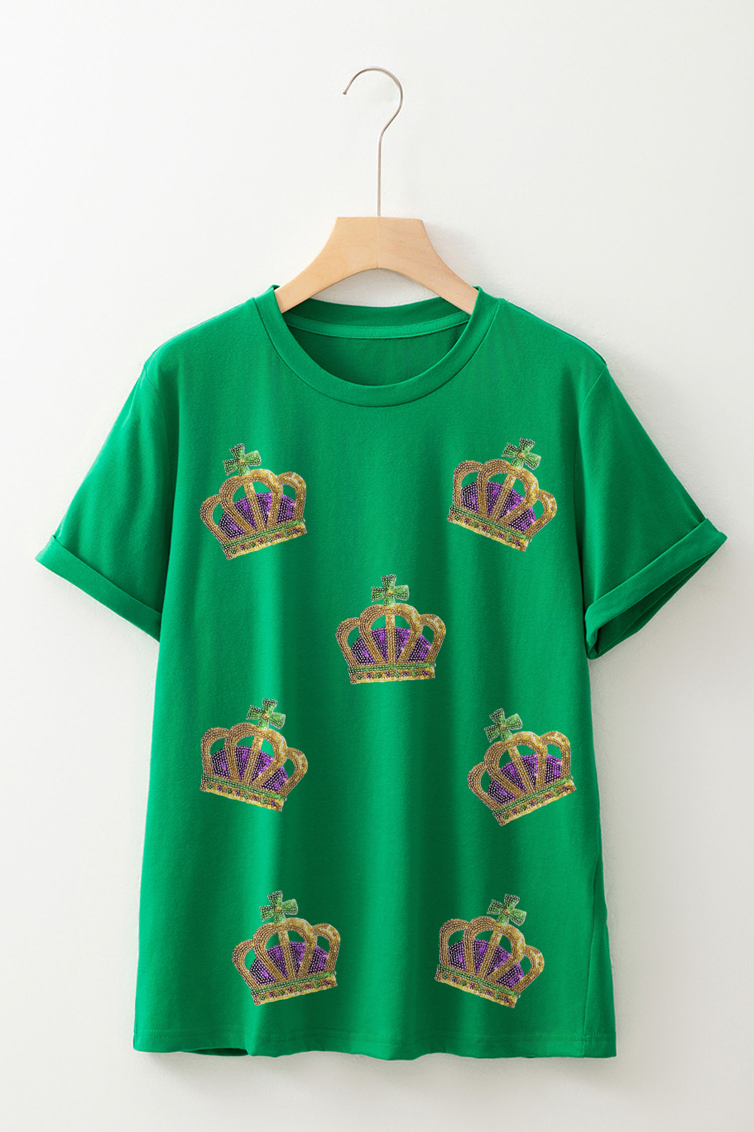 Bright Green Sequin Mardi Gras Crown Rolled Sleeve T Shirt