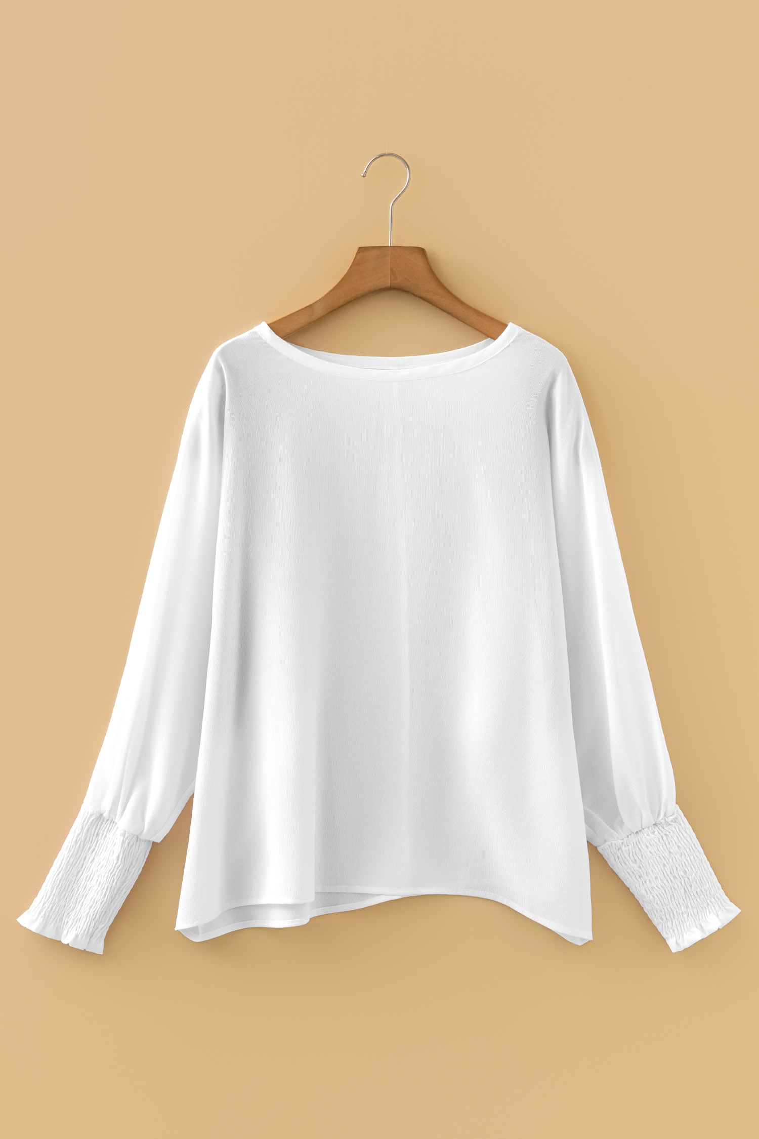 White Smocked Cuffs Semi Sheer Long Sleeve Dolman Blouse