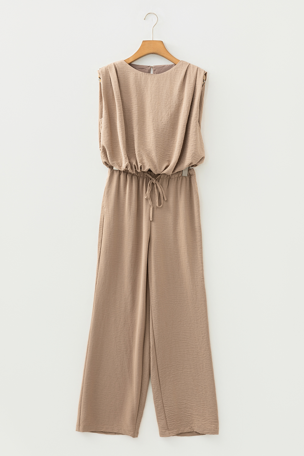 Pale Khaki Solid Color Keyhole Puffy Tank Drawstring Loose Pants 2pcs Outfit