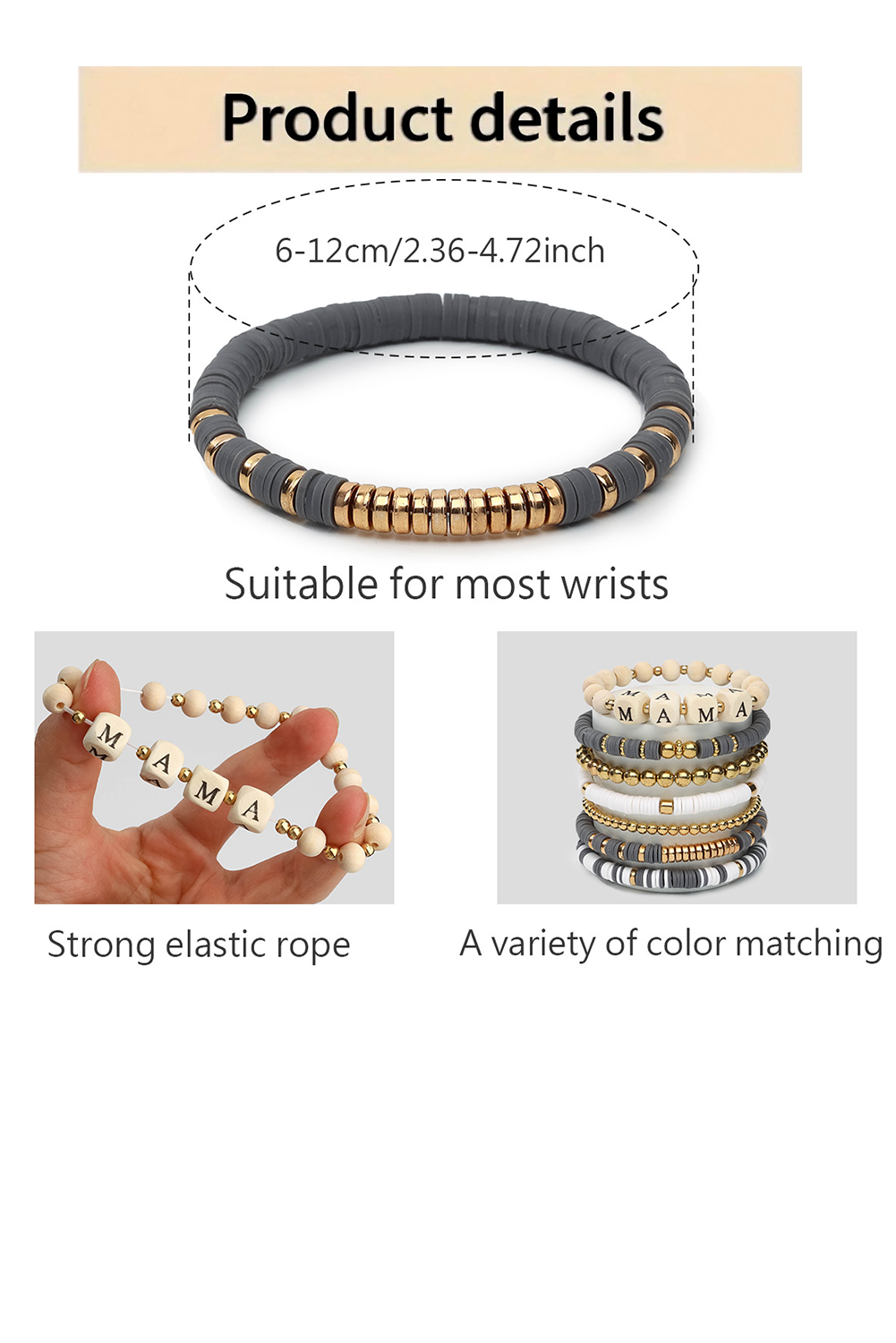 Gray MAMA Beaded Multi Layered Bracelet