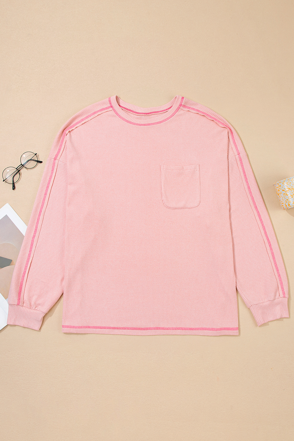 Bonbon Ribbed Exposed Seam Round Neck Chest Pocket Plus Knit Top