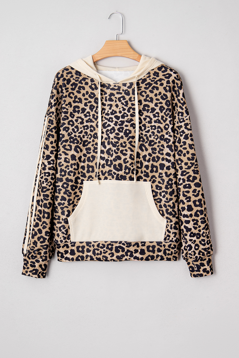 Leopard Print Waffle Contrast Kangaroo Pocket Hooded Sweatshirt