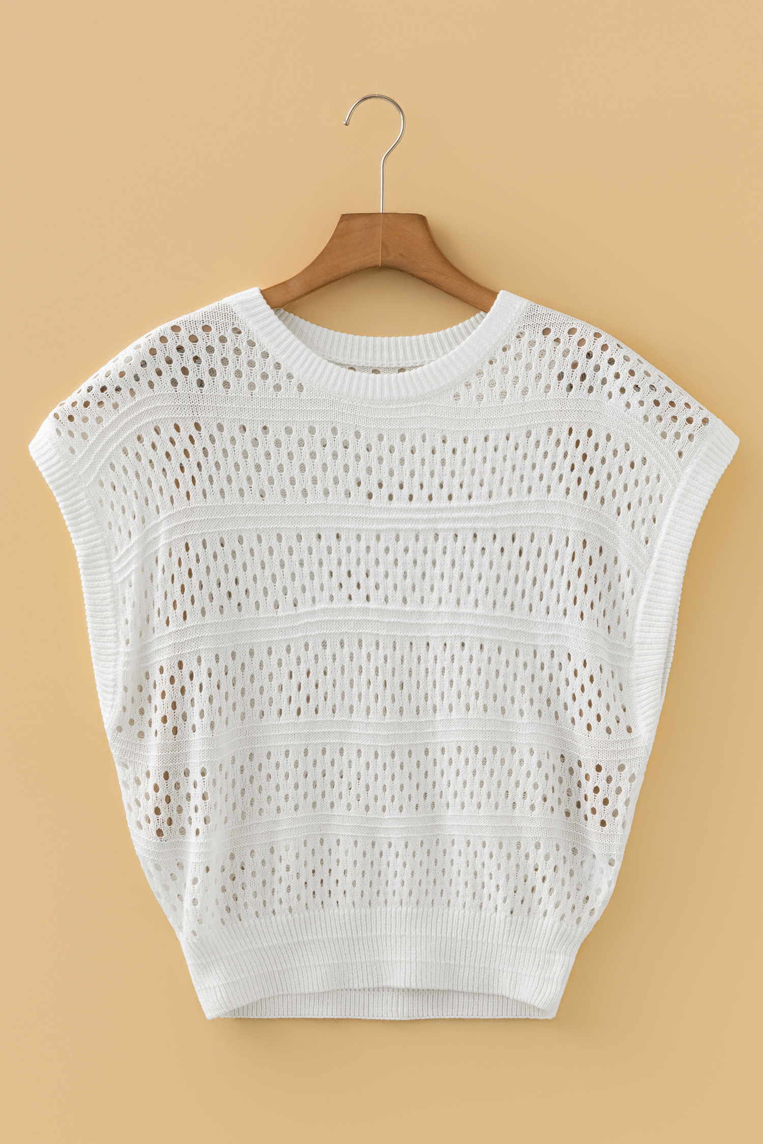 White Hollow Out Knit Round Neck Dolman Sweater