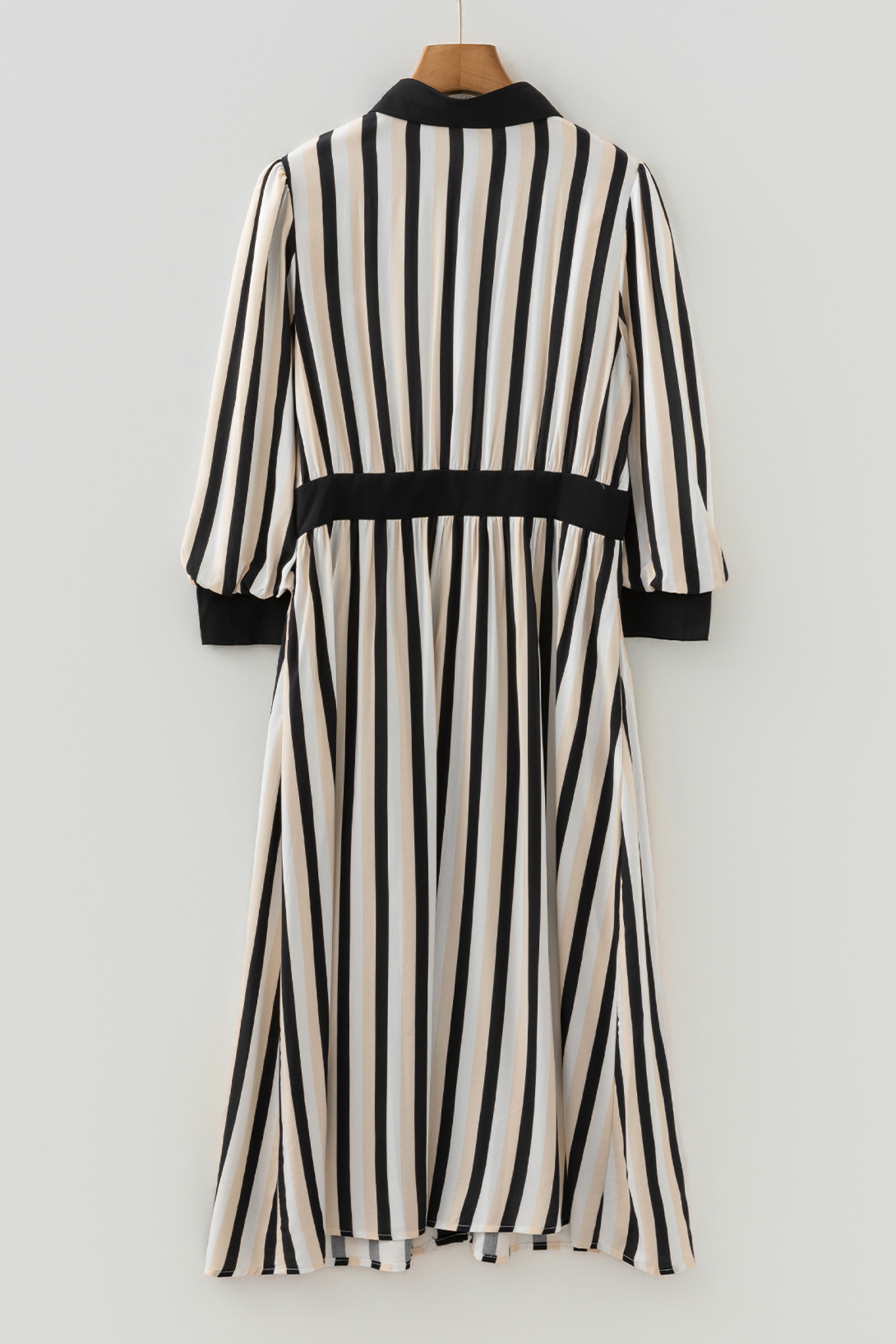 Black Stripe 3/4 Puff Sleeve Shirt Style Button Down Midi Dress