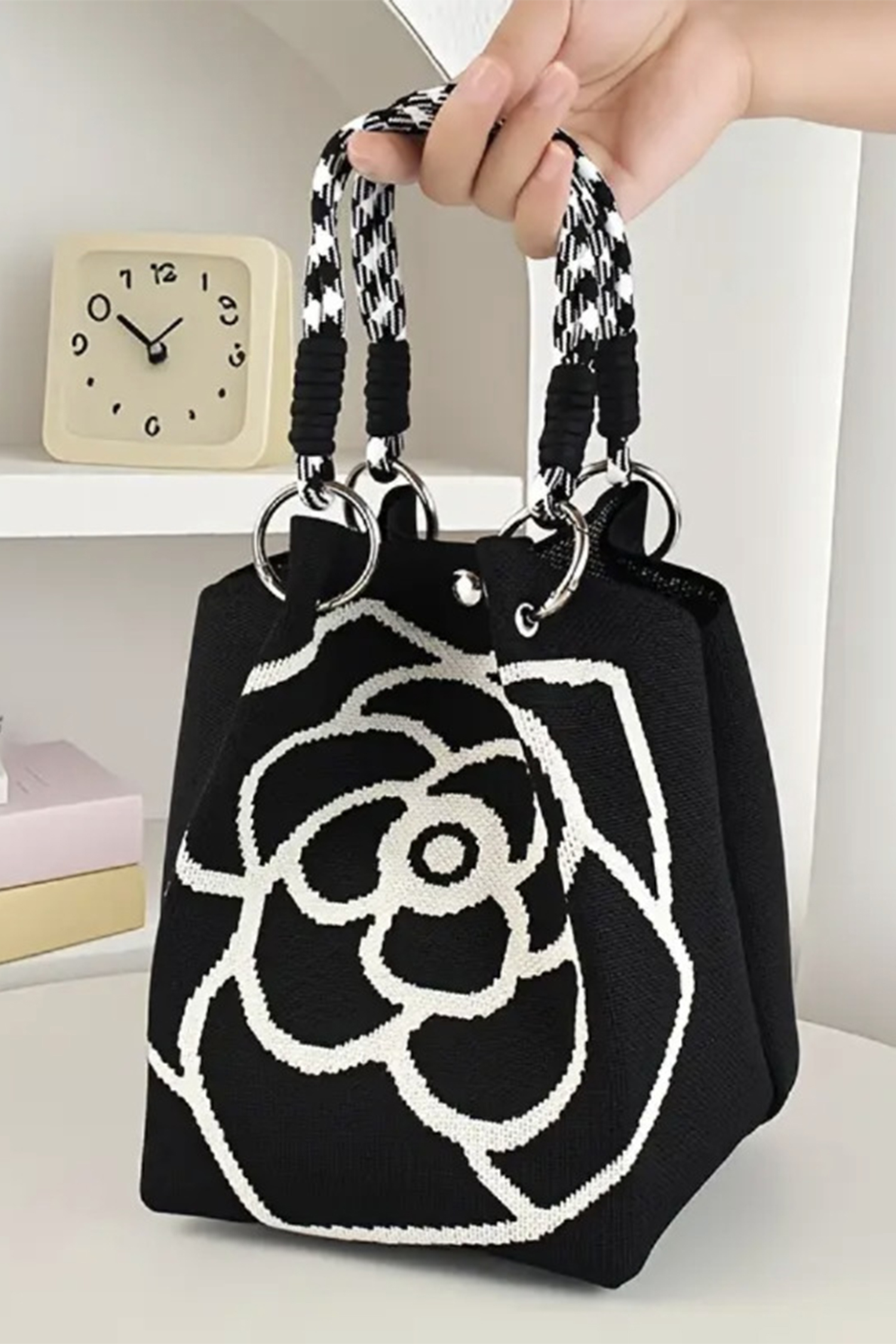 Color black Retro Rose Flower Large Knitted Tote Bag