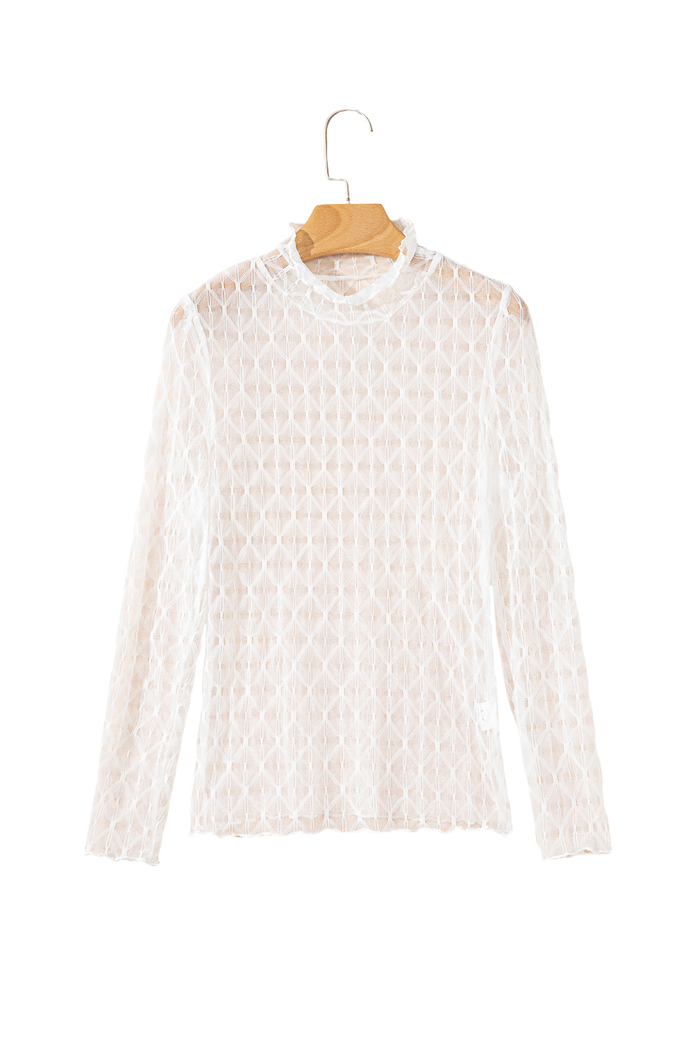 Coffee Sheer Mesh Patterned Lettuce Trim Slim Long Sleeve Top