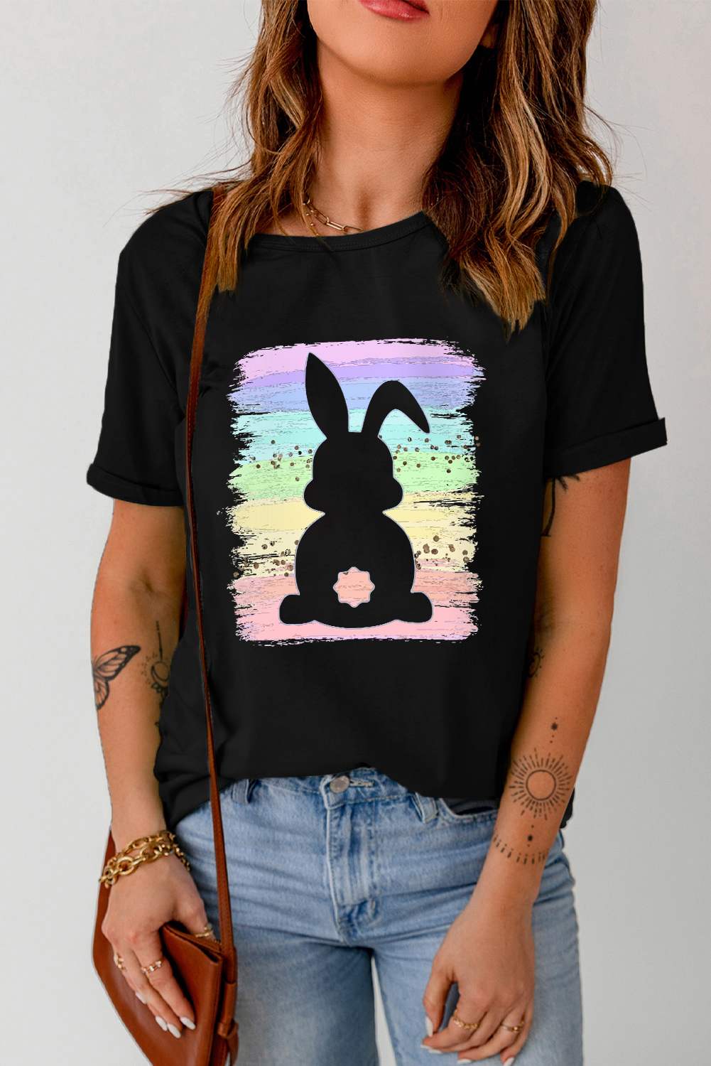 White Rabbit Bow Knot Print Crew Neck T Shirt