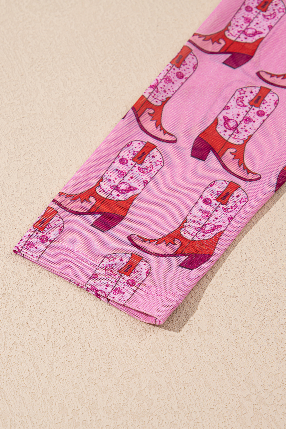 Pink Cowgirl Boots Printed Mock Neck Long Sleeve Mesh Top