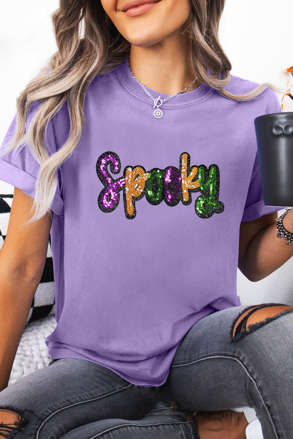 Wisteria Spooky Sequin Letter Patched Cotton Blend T Shirt