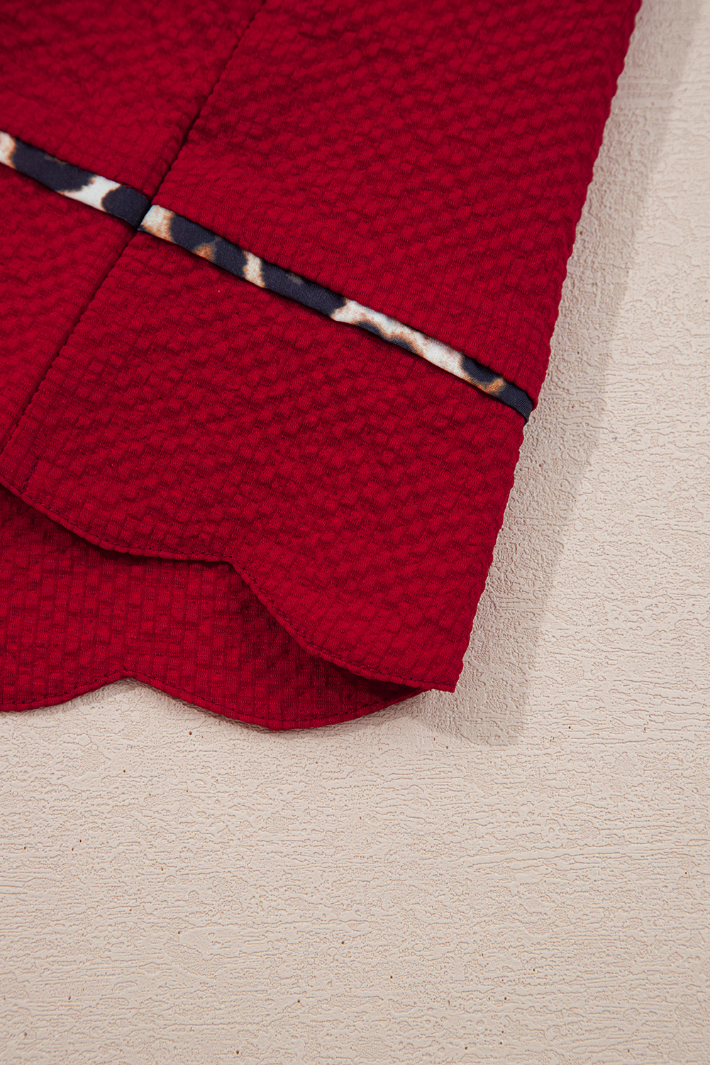 Fiery Red Textured V Neck Leopard Contrasted Trim Long Sleeve Shift Mini Dress