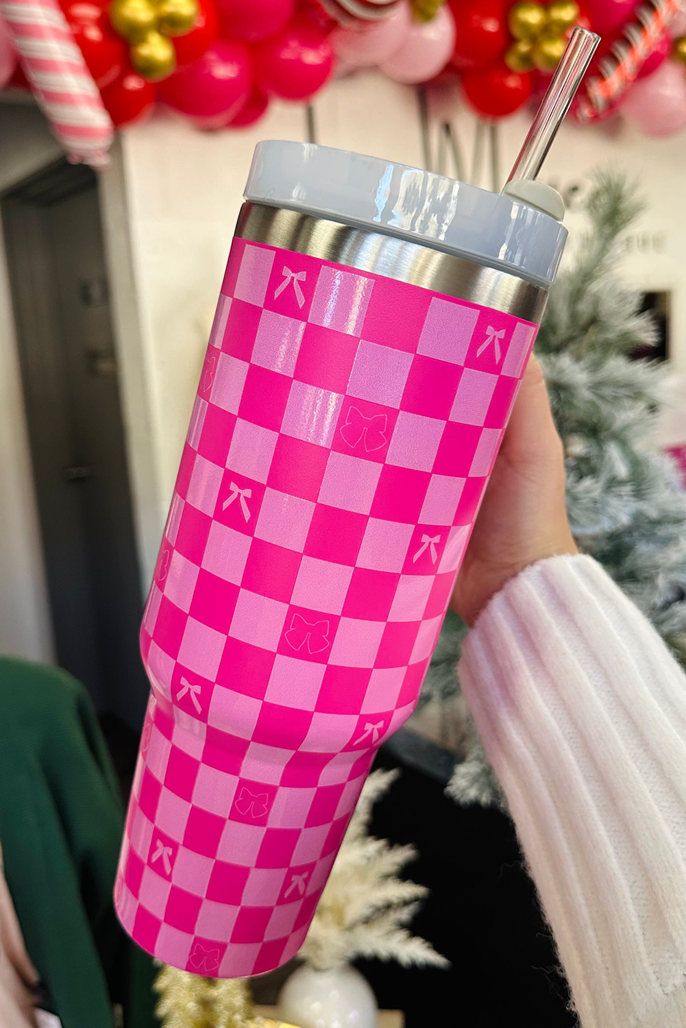 Bright Pink Bow Knot Checkered Print Large Stainless Steel Tumbler