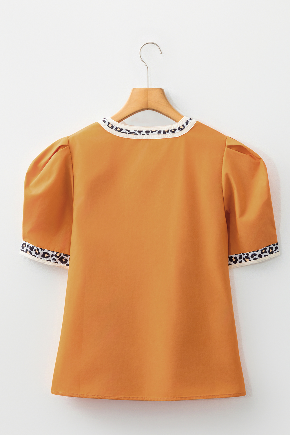 Buckskin Contrast Leopard Trim Split Neck Puff Sleeve Blouse
