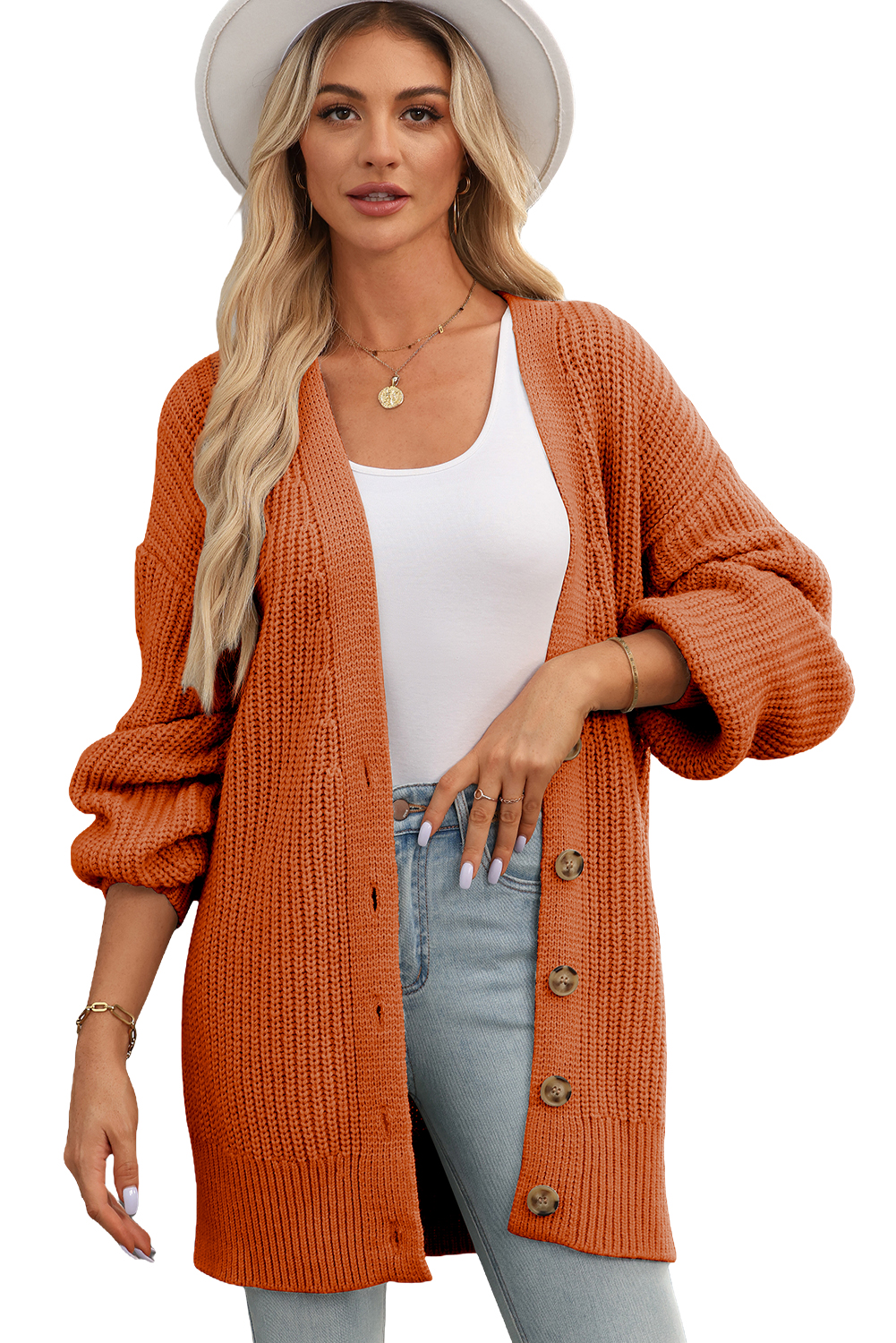 Gold Flame Button Front V Neck Chunky Cardigan Sweater