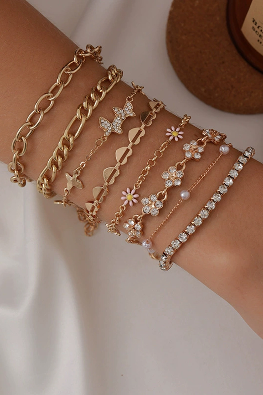 Gold Rhinestone Decor Butterfly Flower Multi Layer Bracelet Set