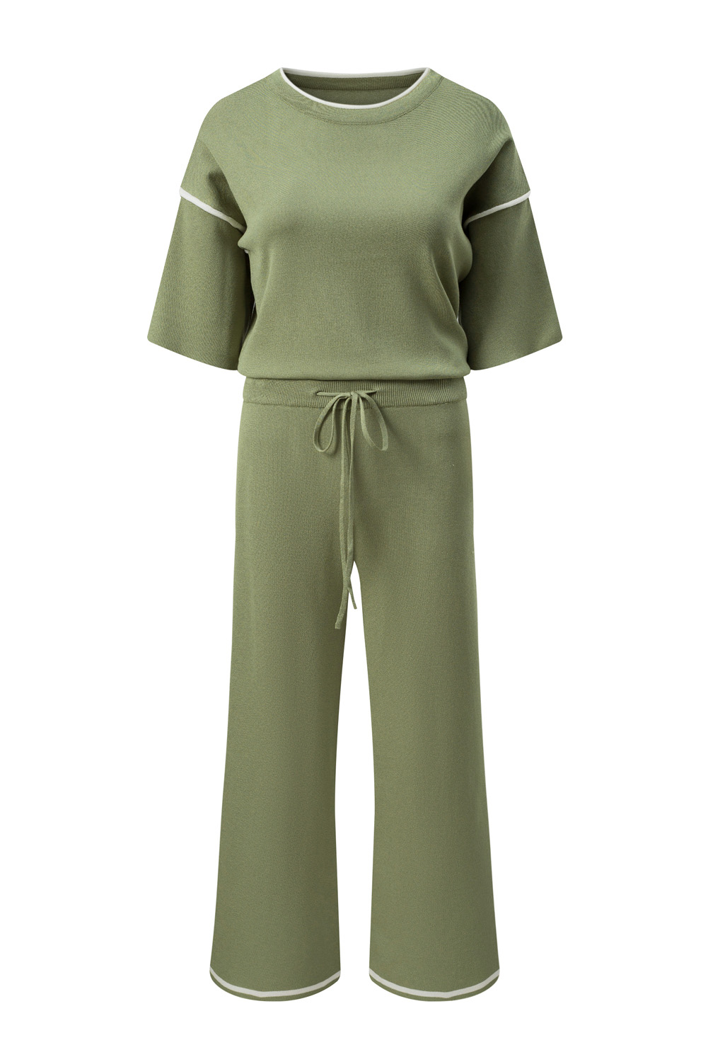 Blackish Green Contrast Trim Half Sleeve Top Drawstring Pants Loose 2pcs Sweater Suit