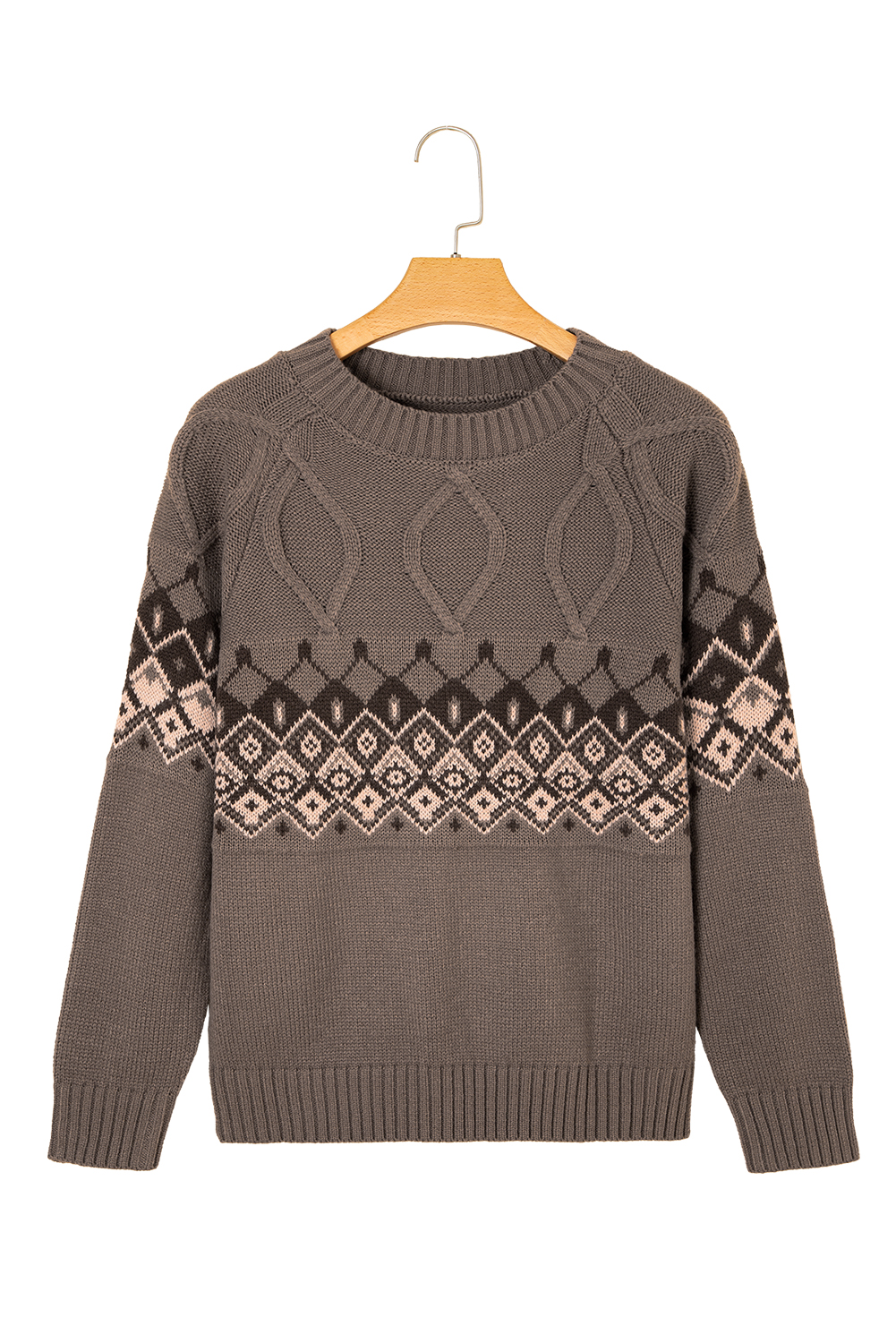 Light French Beige Western Geometric Patterned Crew Neck Knitted Sweater