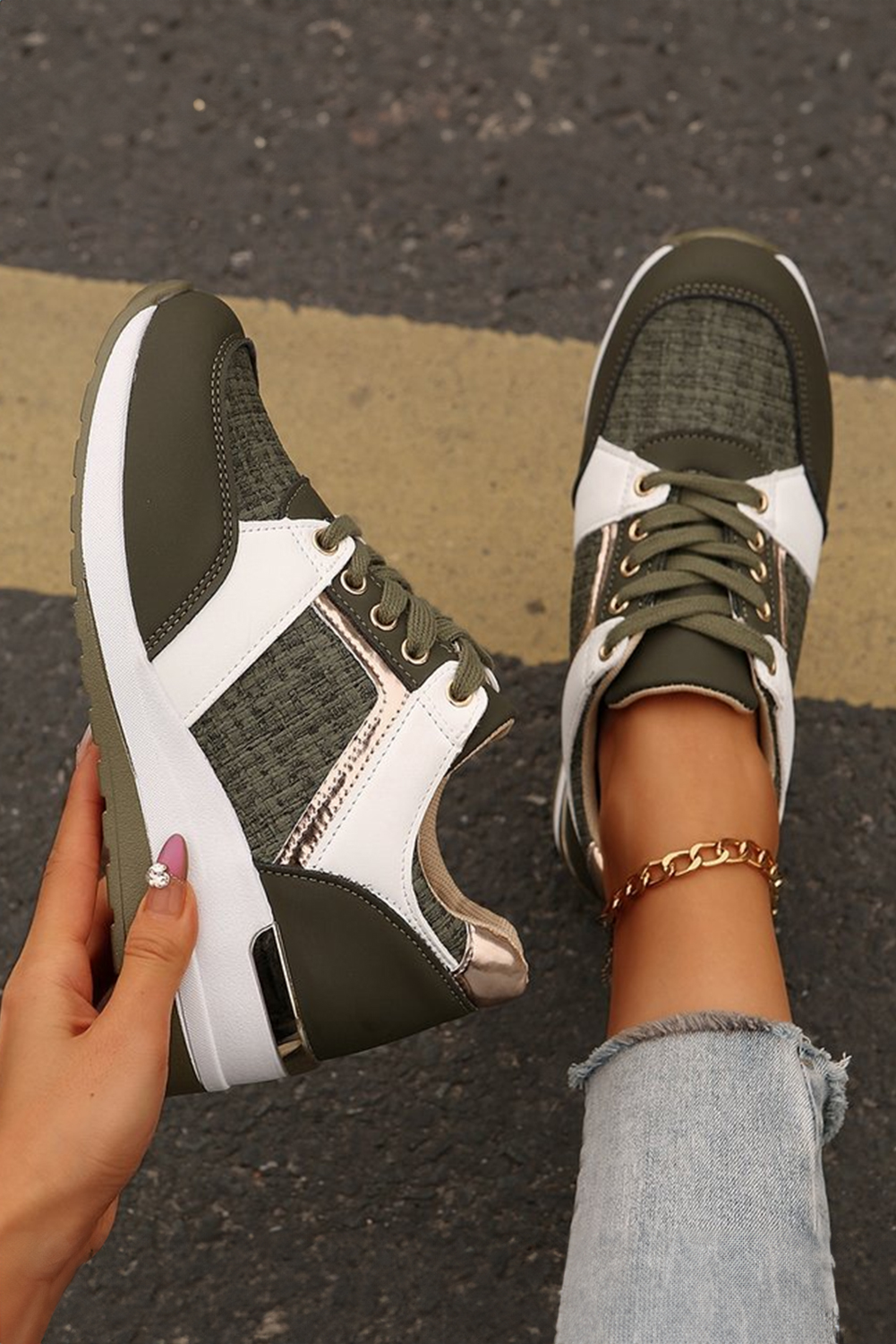 Blackish Green Glitter Patched Lace-up Wedge Sneakers