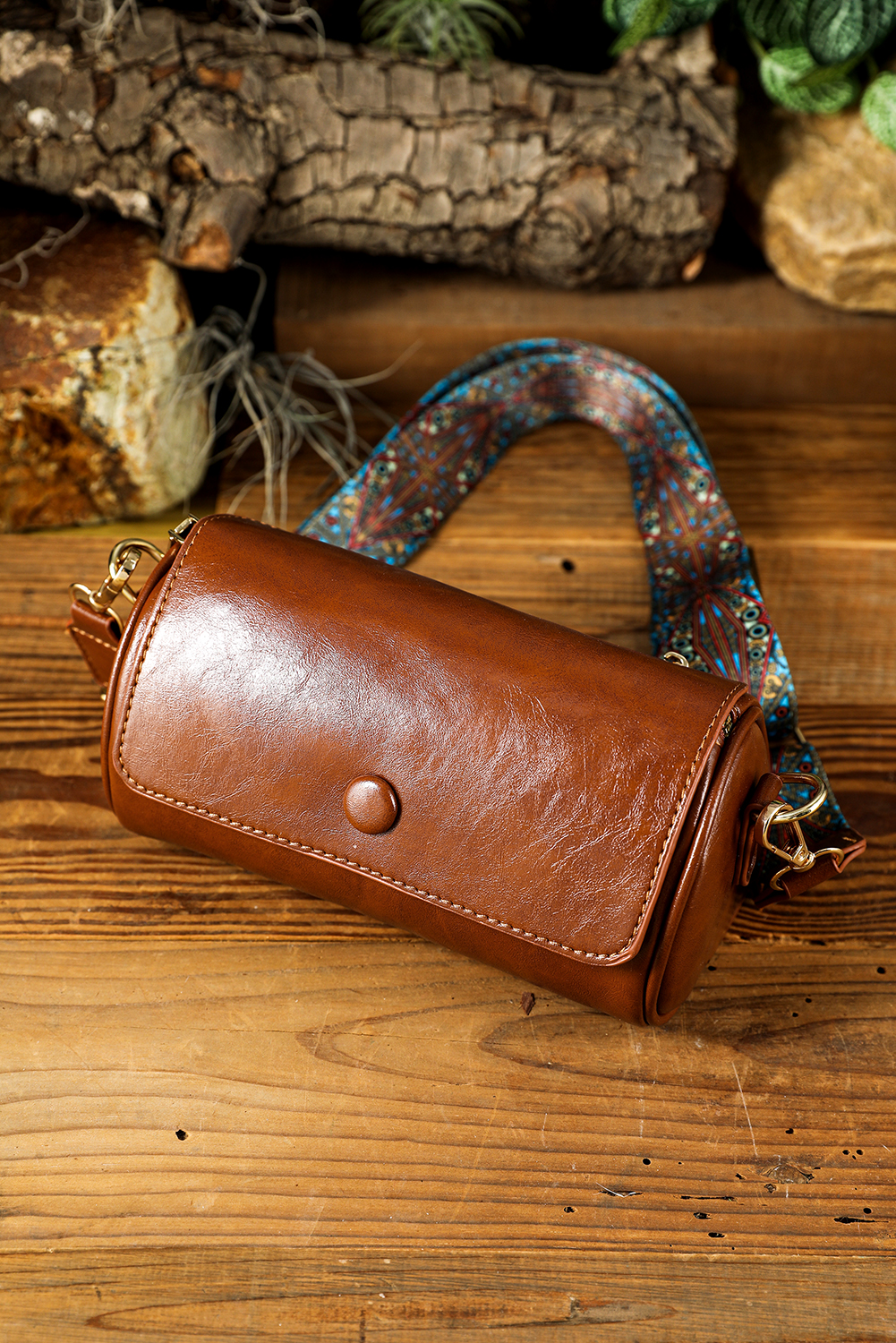 Chestnut PU Leather Flap Shoulder Bag with Retro Print Wide Strap