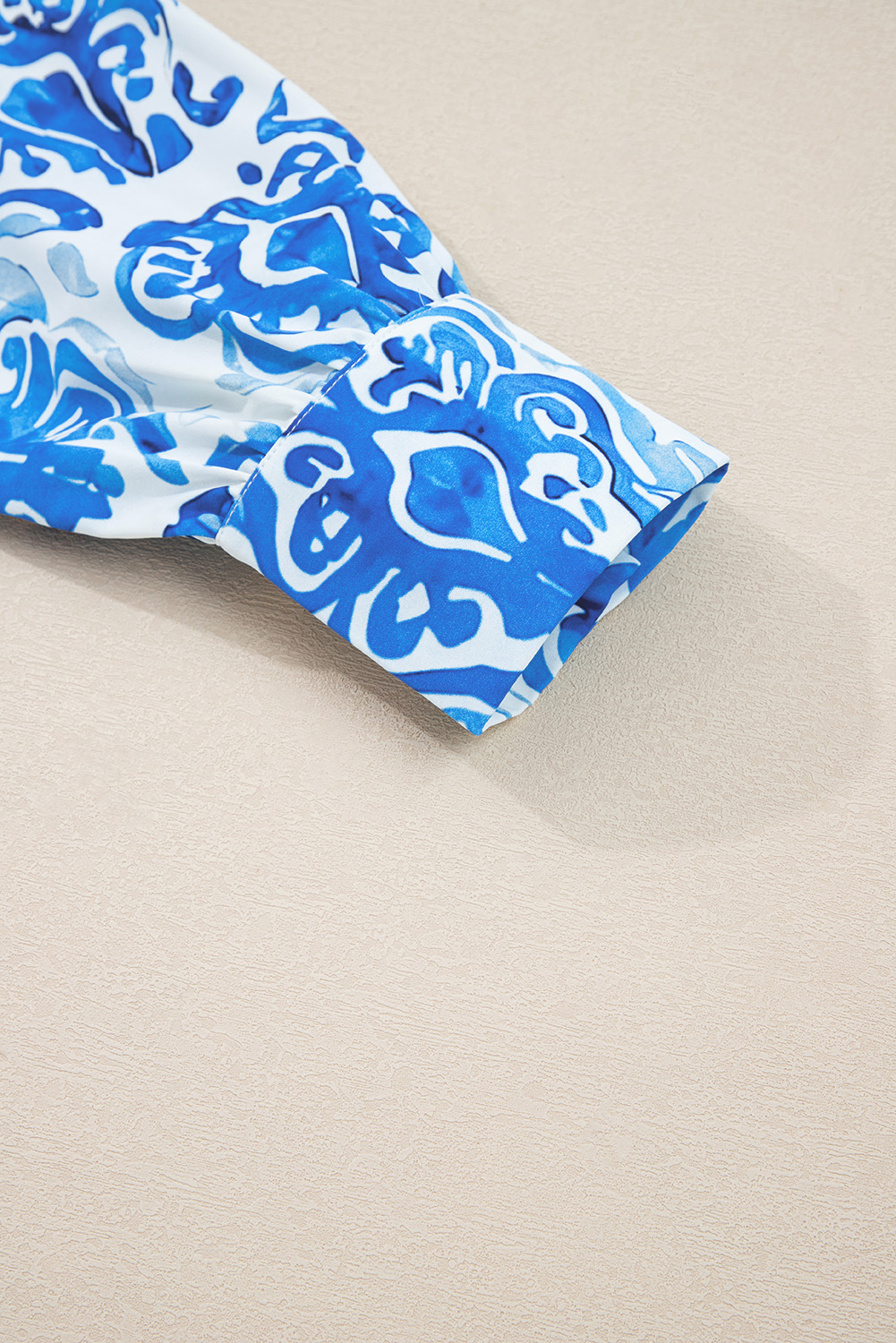 Sky Blue Ethnic Printed Tie Split Neck Button Front Puff Sleeve Shirt