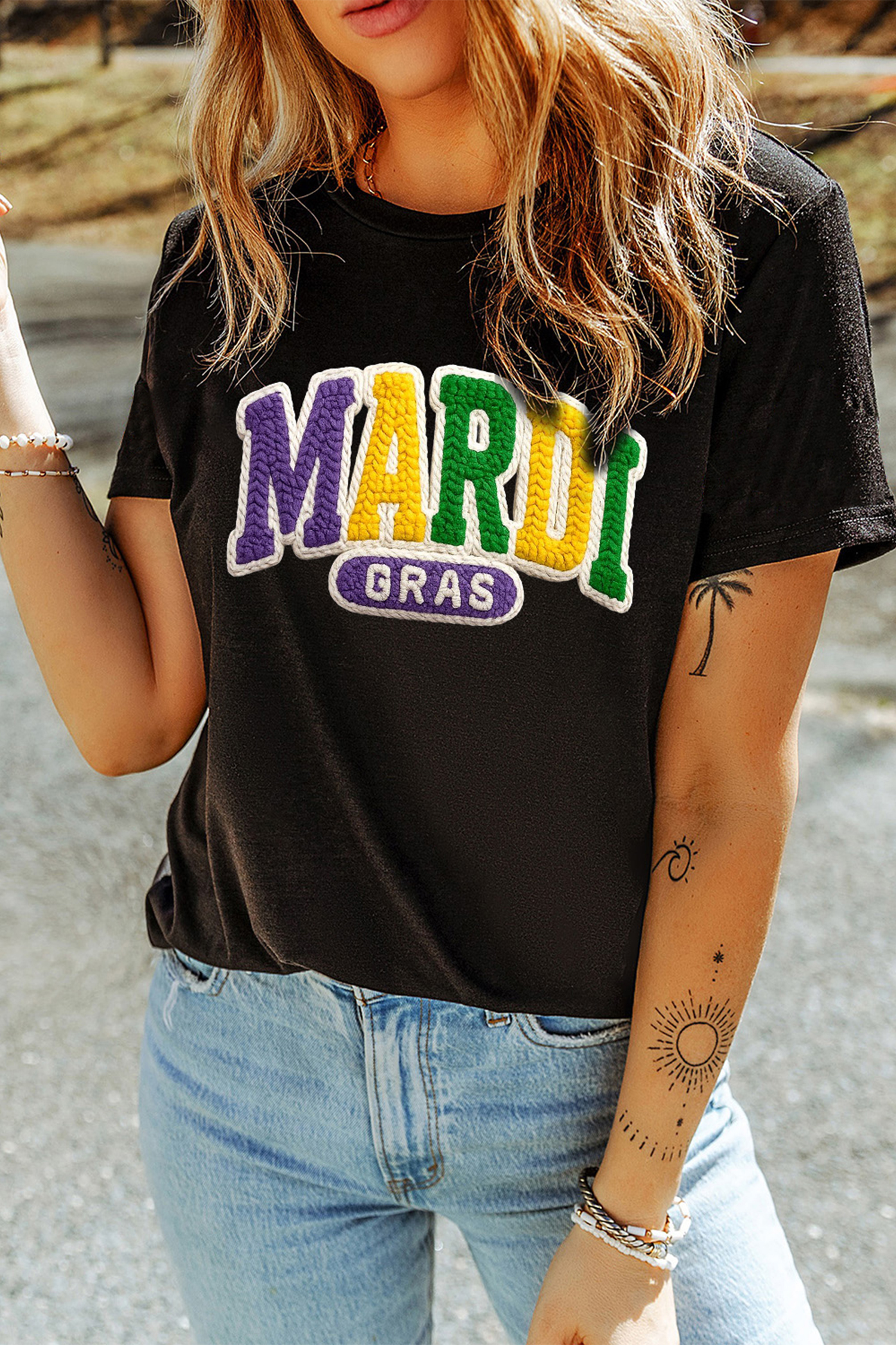 Black MARDI GRAS Faux Yarn Letter Graphic T Shirt