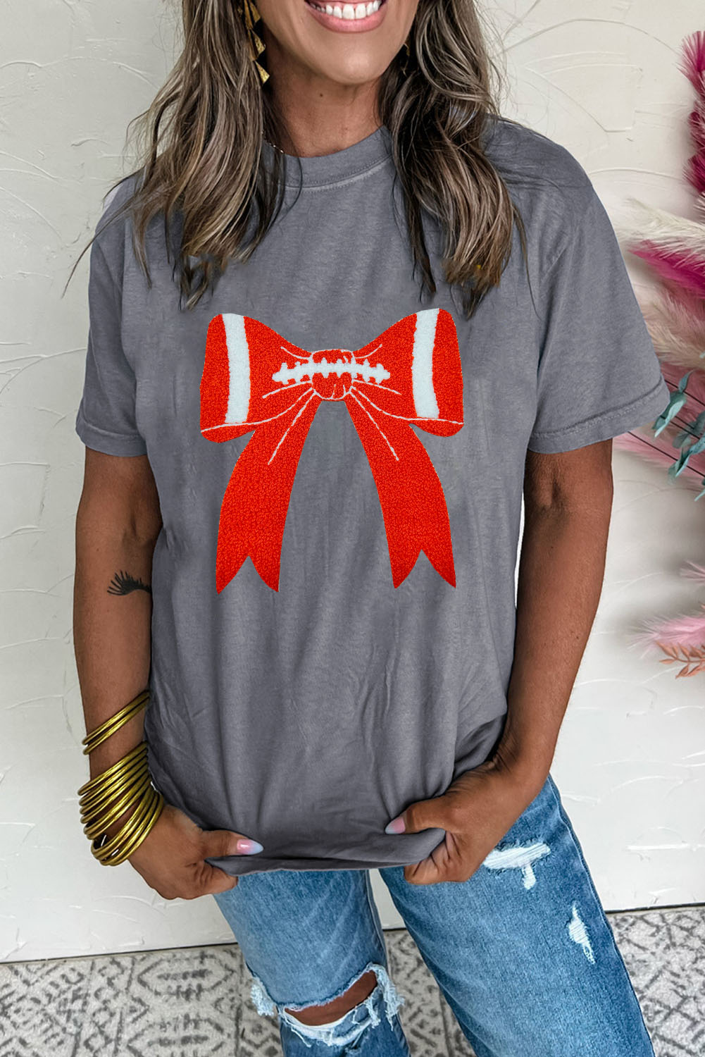 Gray Contrast Bowknot Game Day Graphic Tee