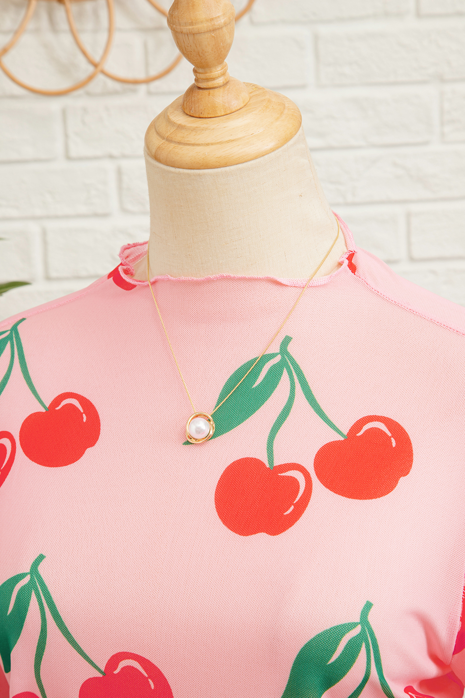 Pink Cherry Print Lettuce Trim Long Sleeve Mesh Top