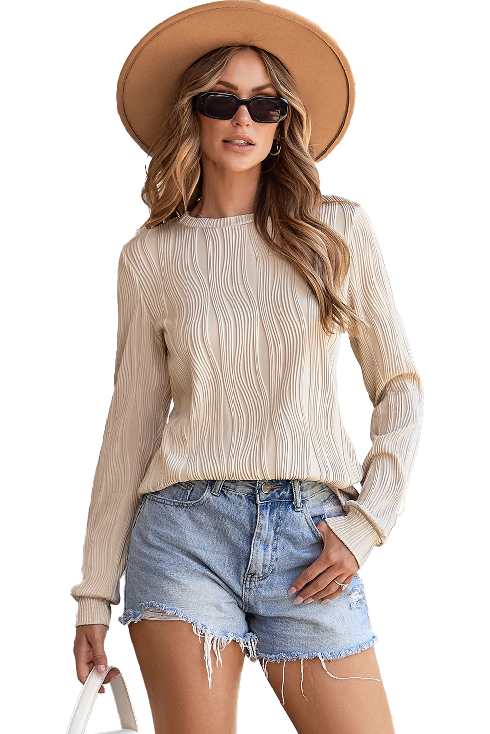 White Wavy Textured Mock Neck Cap Sleeve Top