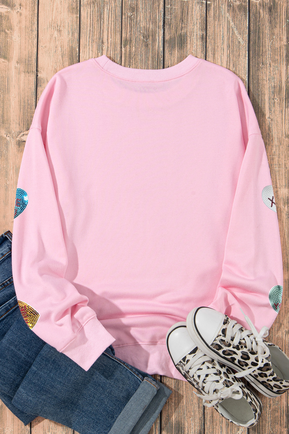 Pink Sequin Valentines Lettering Heart Patched Crewneck T Shirt