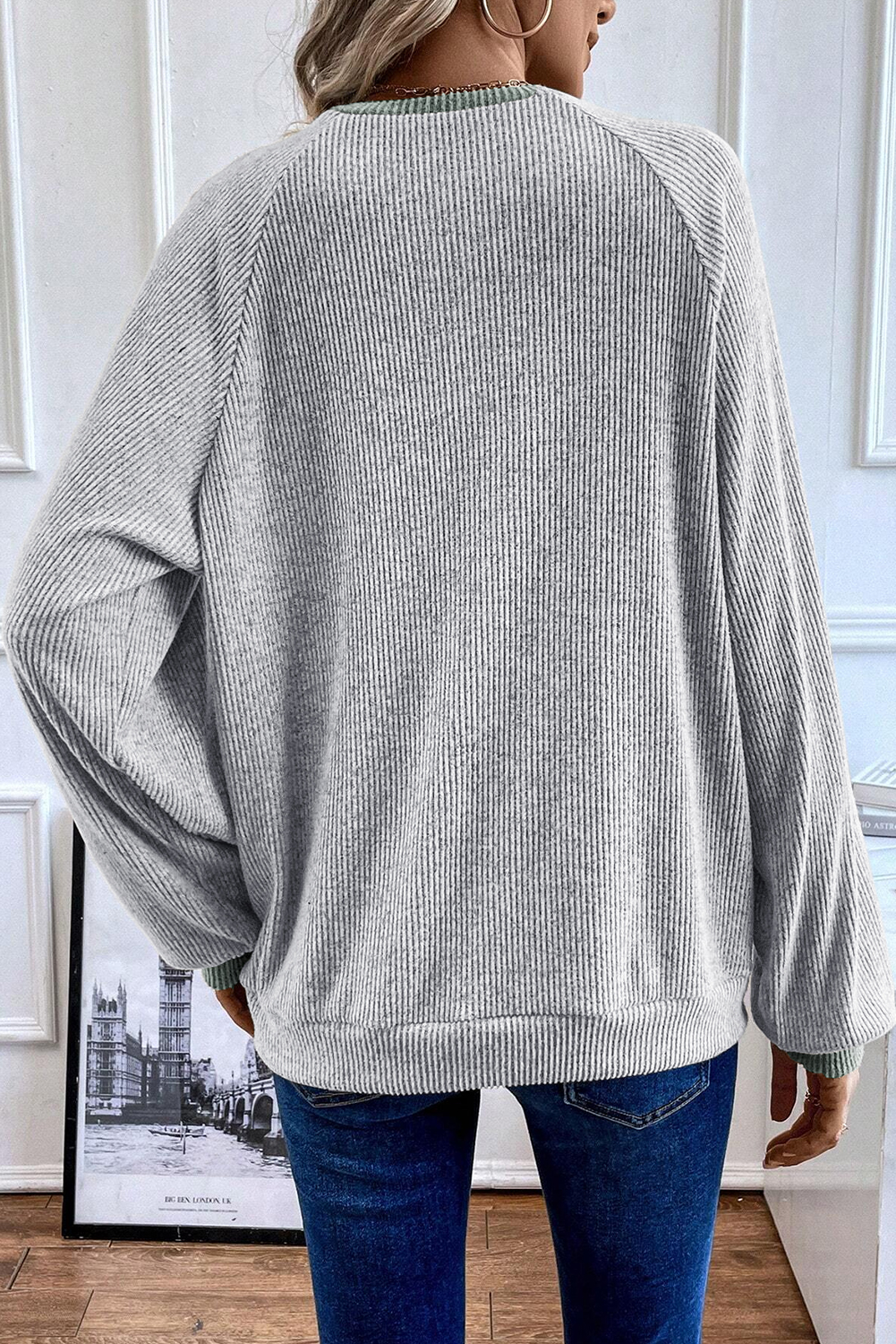 Contrast Ribbed Loose Fit Long Sleeve Top