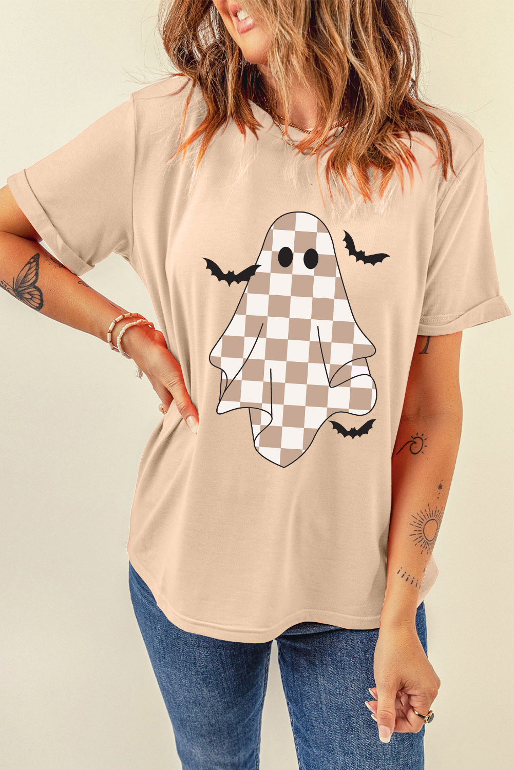 Khaki Ghost Bat Halloween Holiday Graphic Tee