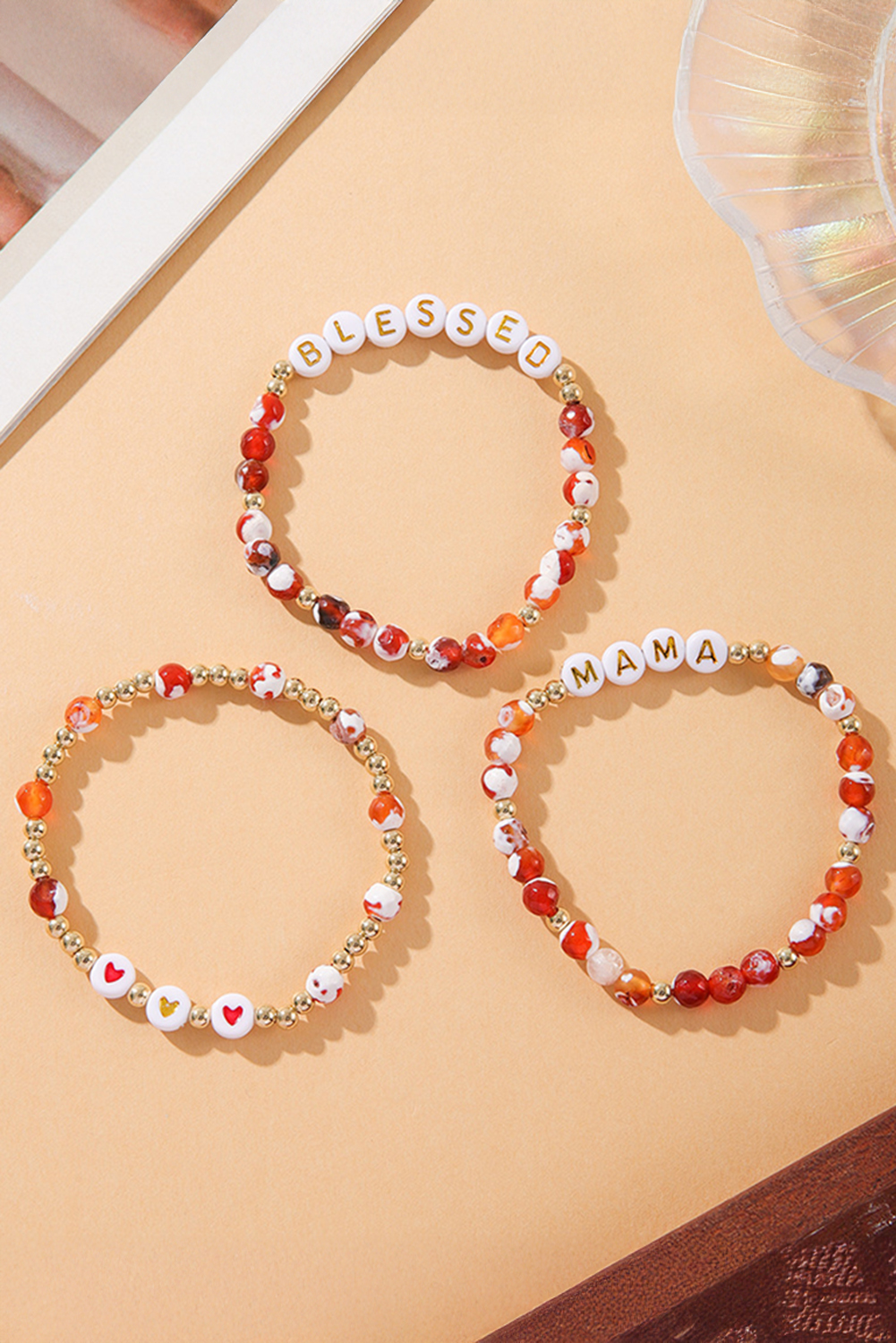 Gold MAMA Beaded Triple Layer Bracelet Set