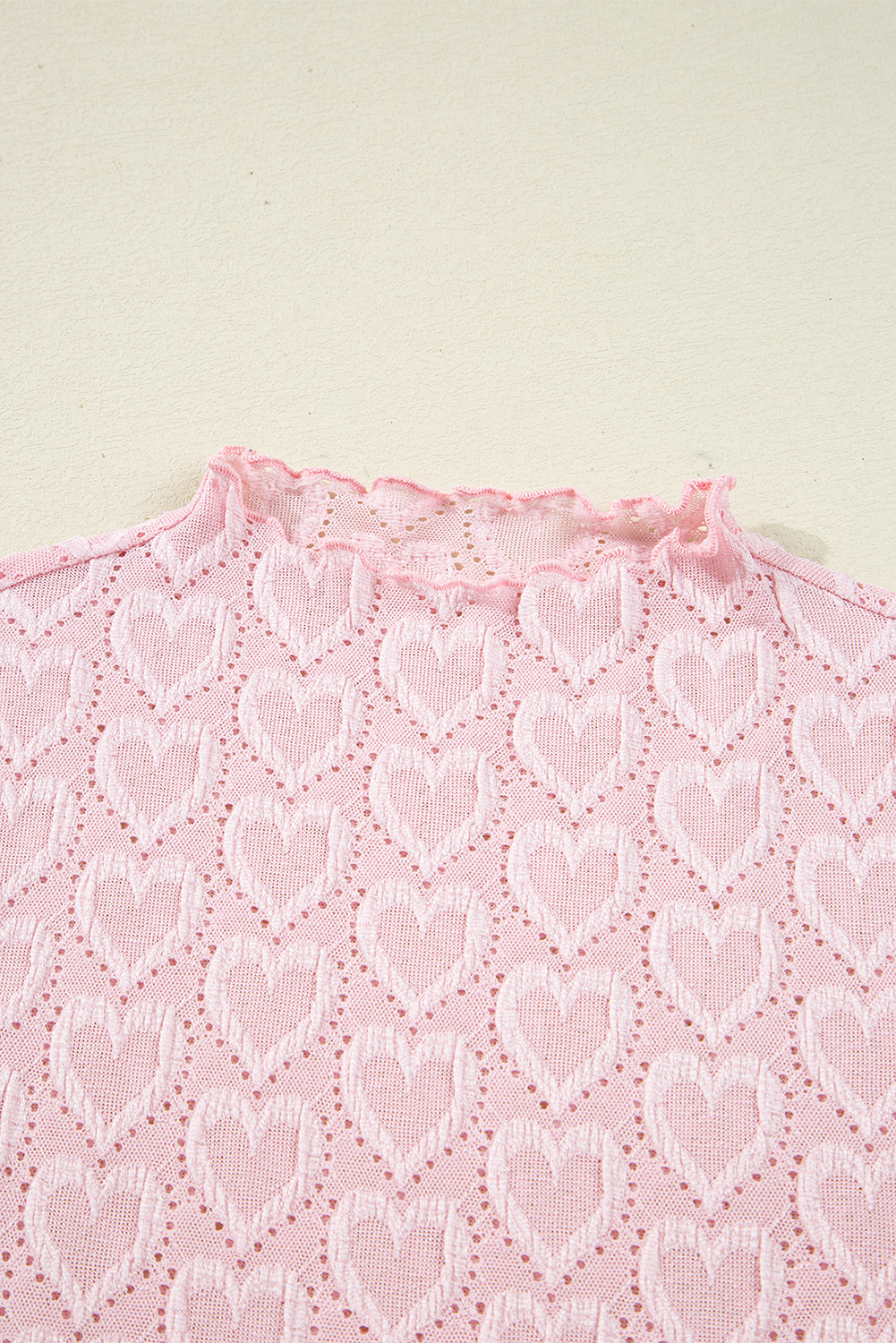 Gossamer Pink Heart Jacquard Flare Sleeve Mock Neck Fitted Top