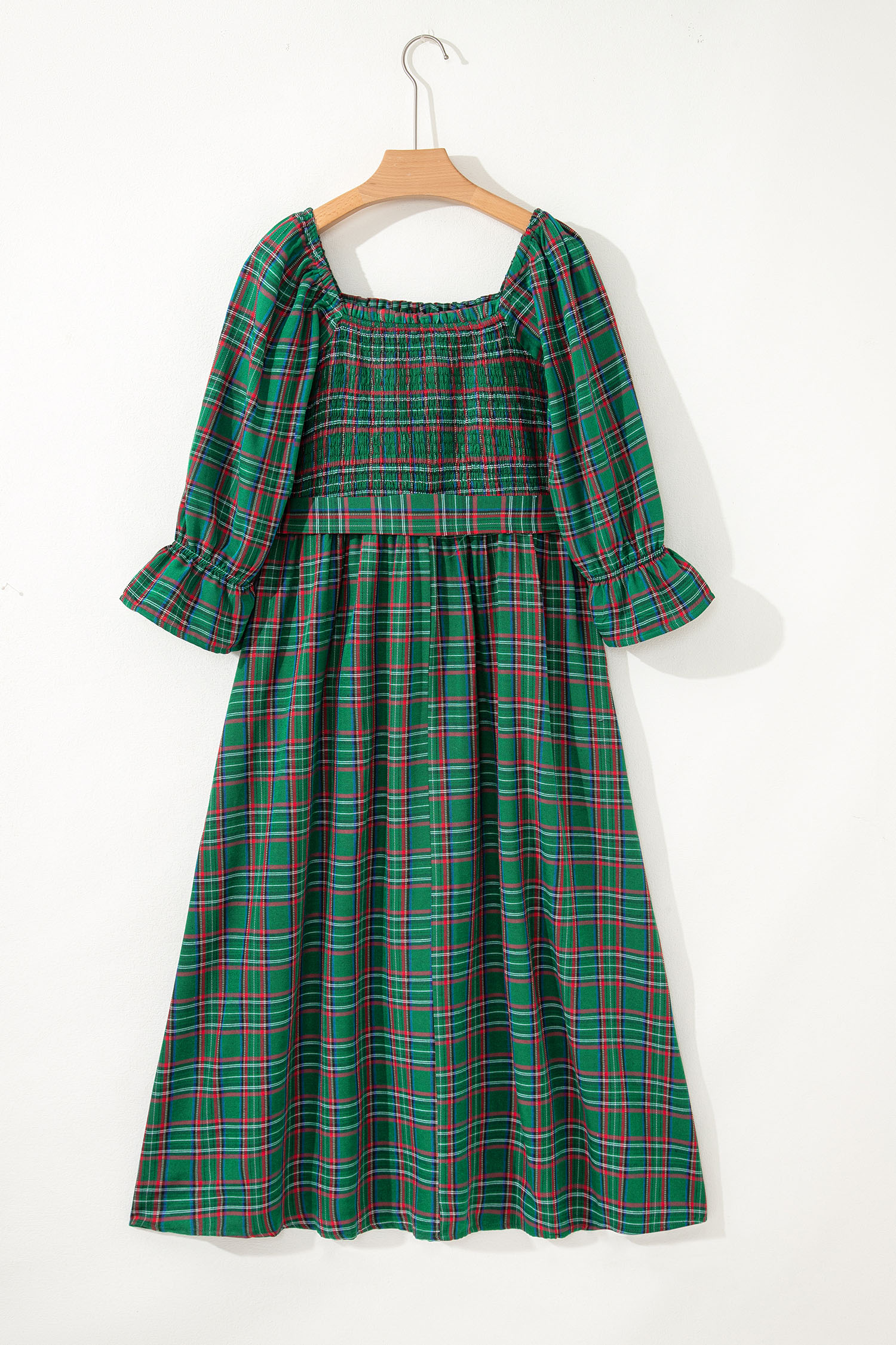 Red Tartan Plaid Square Neck Puff Sleeve Knot Waist Flared Midi Dress