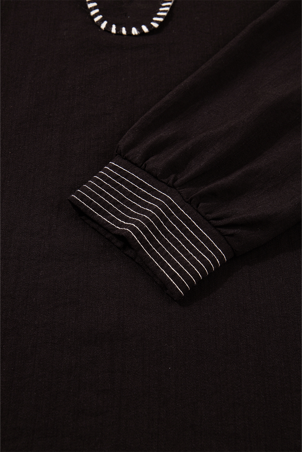 Black Contrast Stitched Detail V Neck Ruffle Long Sleeve Blouse