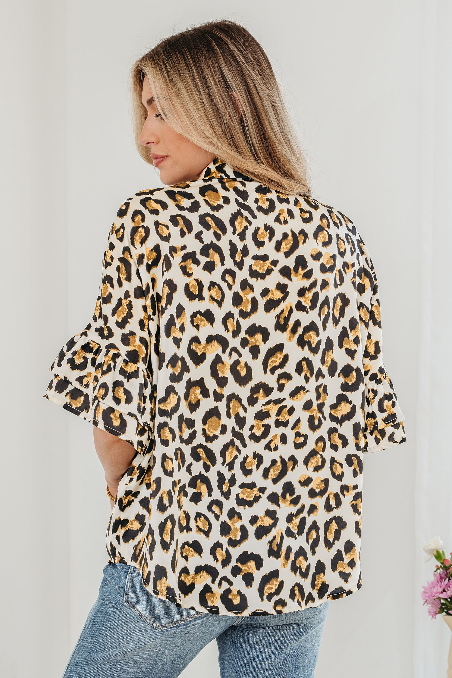 Khaki Leopard Print Ruffle Trim 3/4 Sleeve Loose Shirt