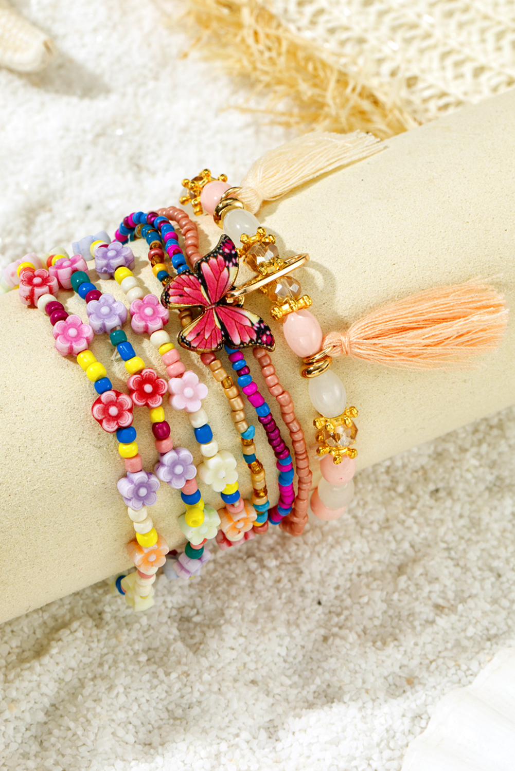 Peach Blossom 7pcs Handmade Beaded Bohemian Style Butterfly Tassel Bracelet Set
