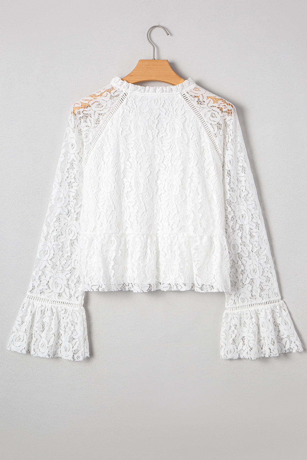 White Tie V Neck Lace Ruffle Detail Long Sleeve Blouse