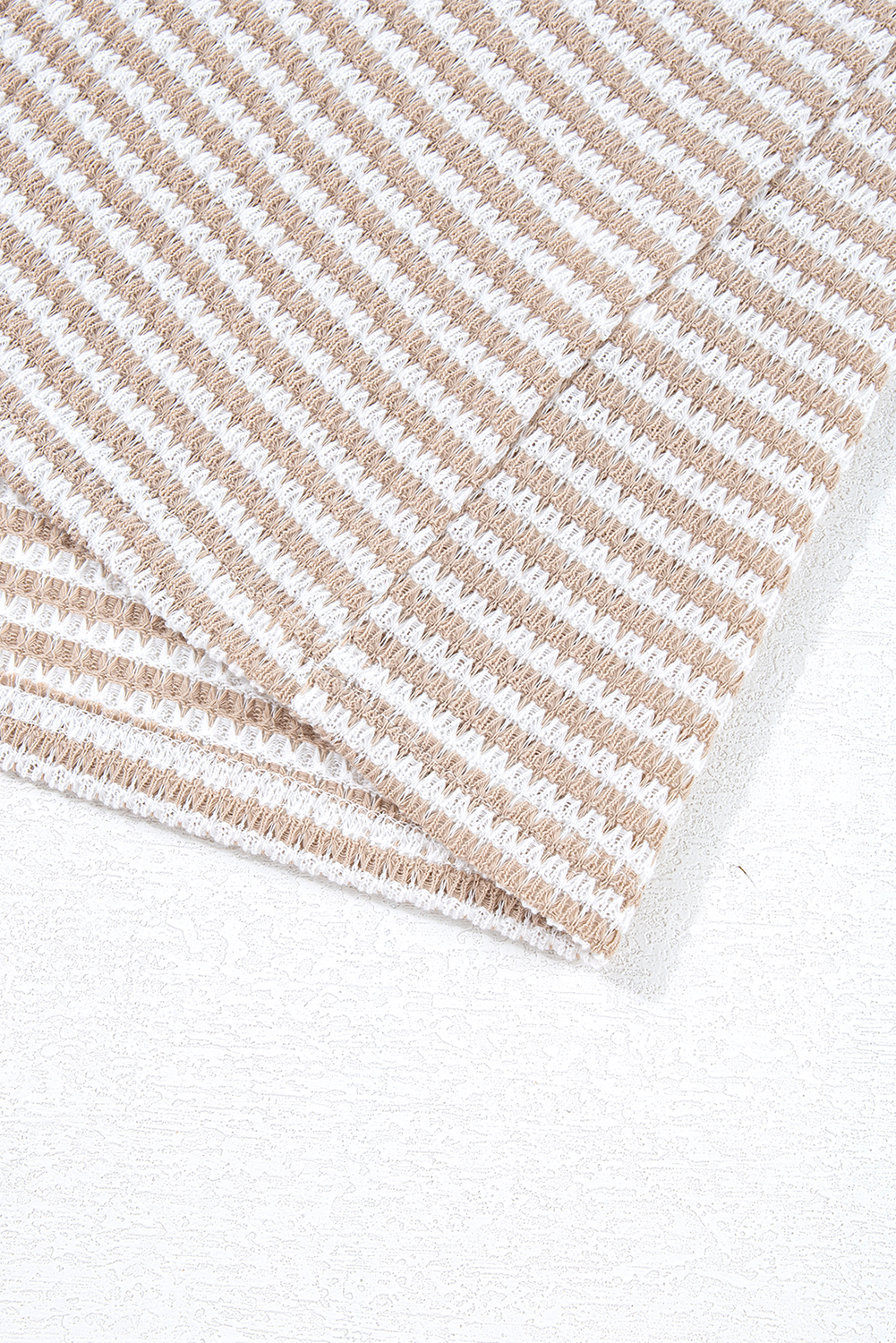 Khaki Stripe Buttoned Front V Neck Knitted T Shirt