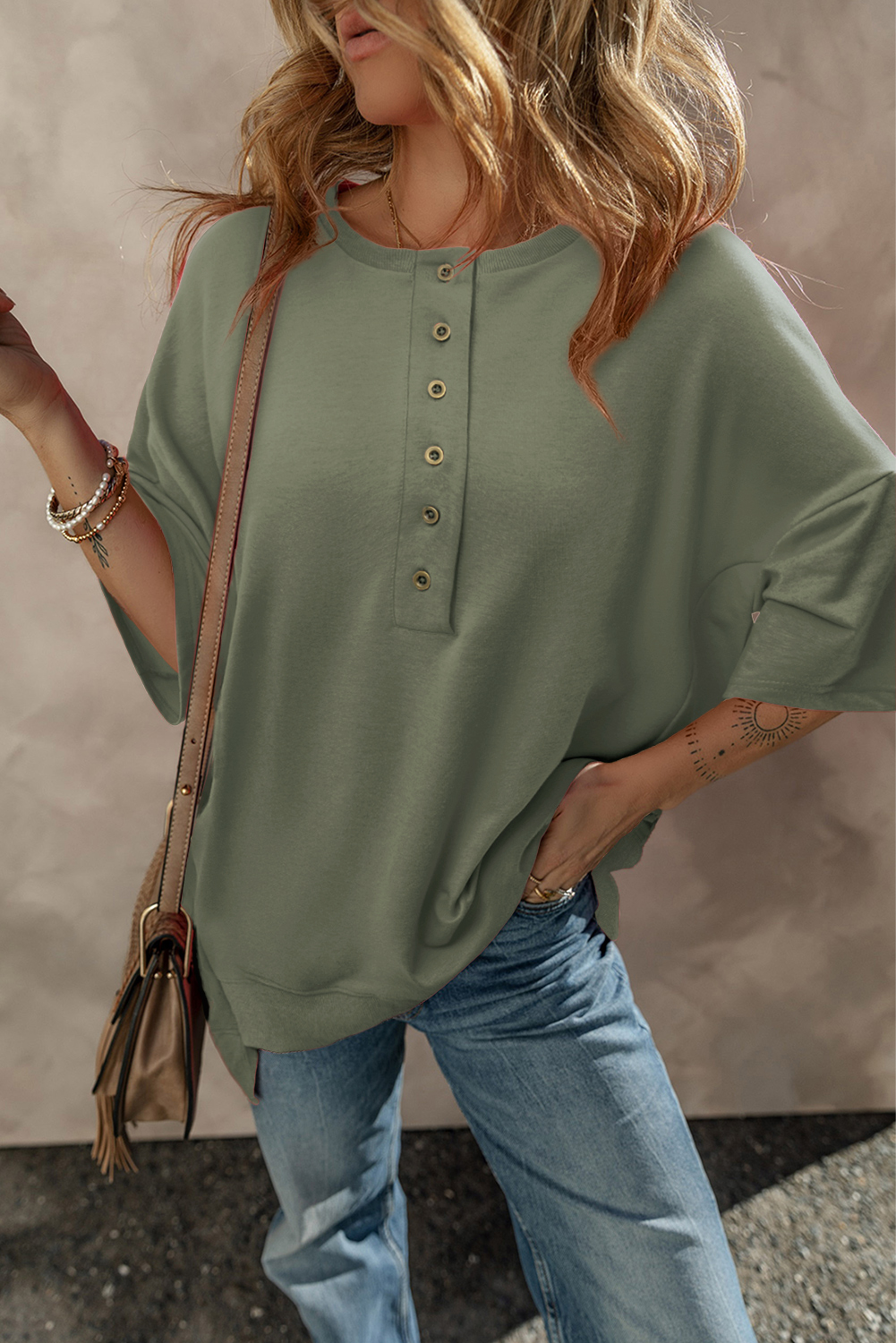 Jungle Green Exposed Seam Button Neck Wide Sleeve Tunic Top