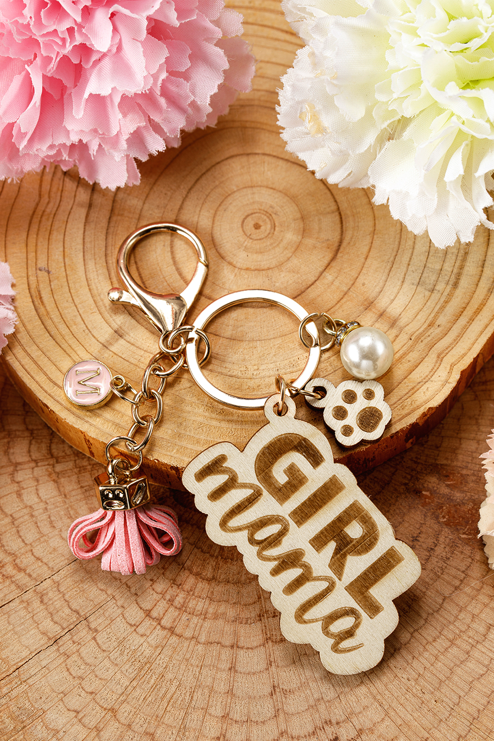 Pink Girl Mama Dog Claw Pearl Tassel Keychain