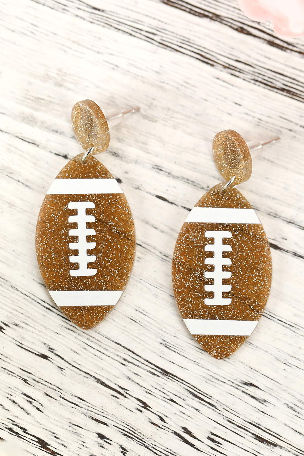 Brown Glittering Rugby Football Pendant Game Day Earrings