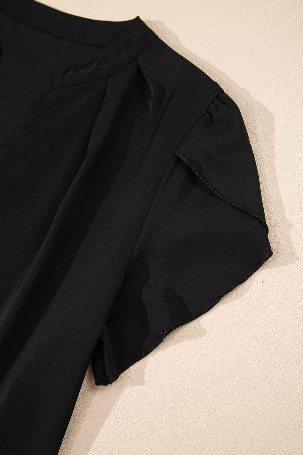 Black Silky Notched Neckline Petal Sleeve Blouse