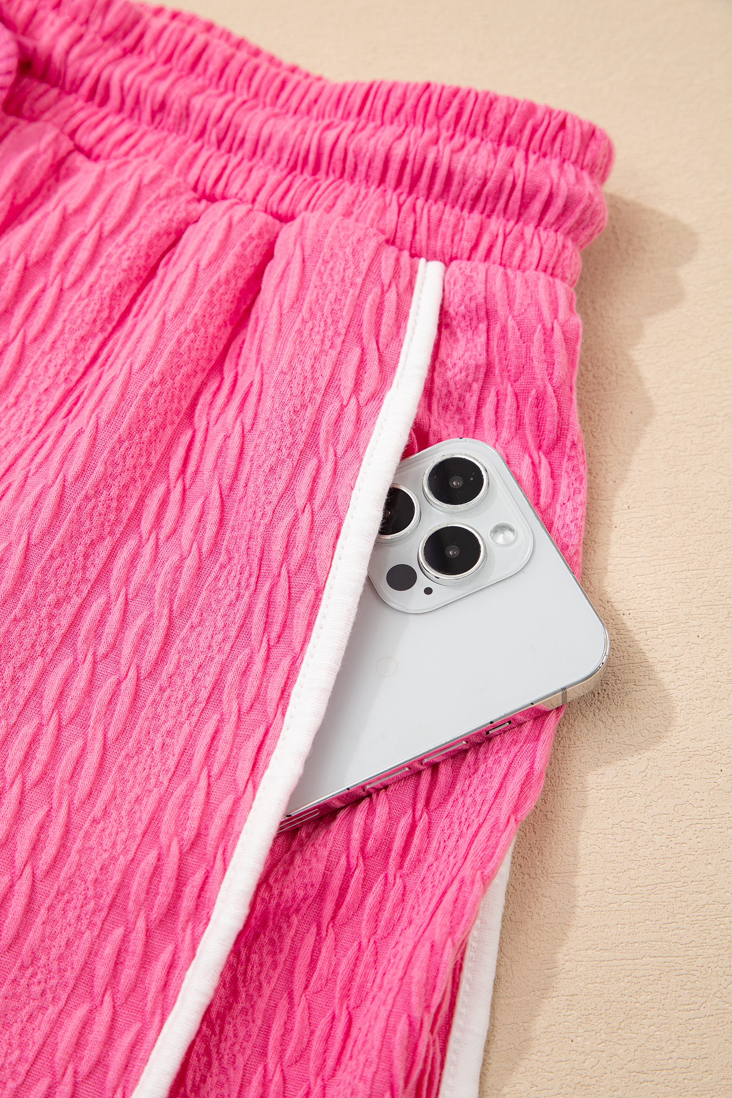 Bright Pink Textured Color Block Trim Loose Tee Drawstring Shorts 2pcs Set