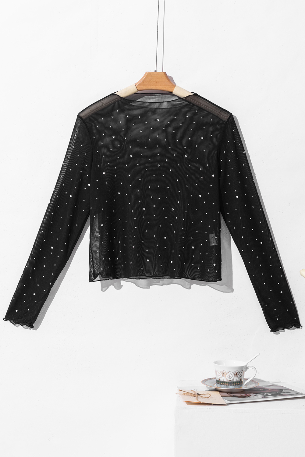Black Rhinestone Sheer Mesh Slim Fit Long Sleeve Top
