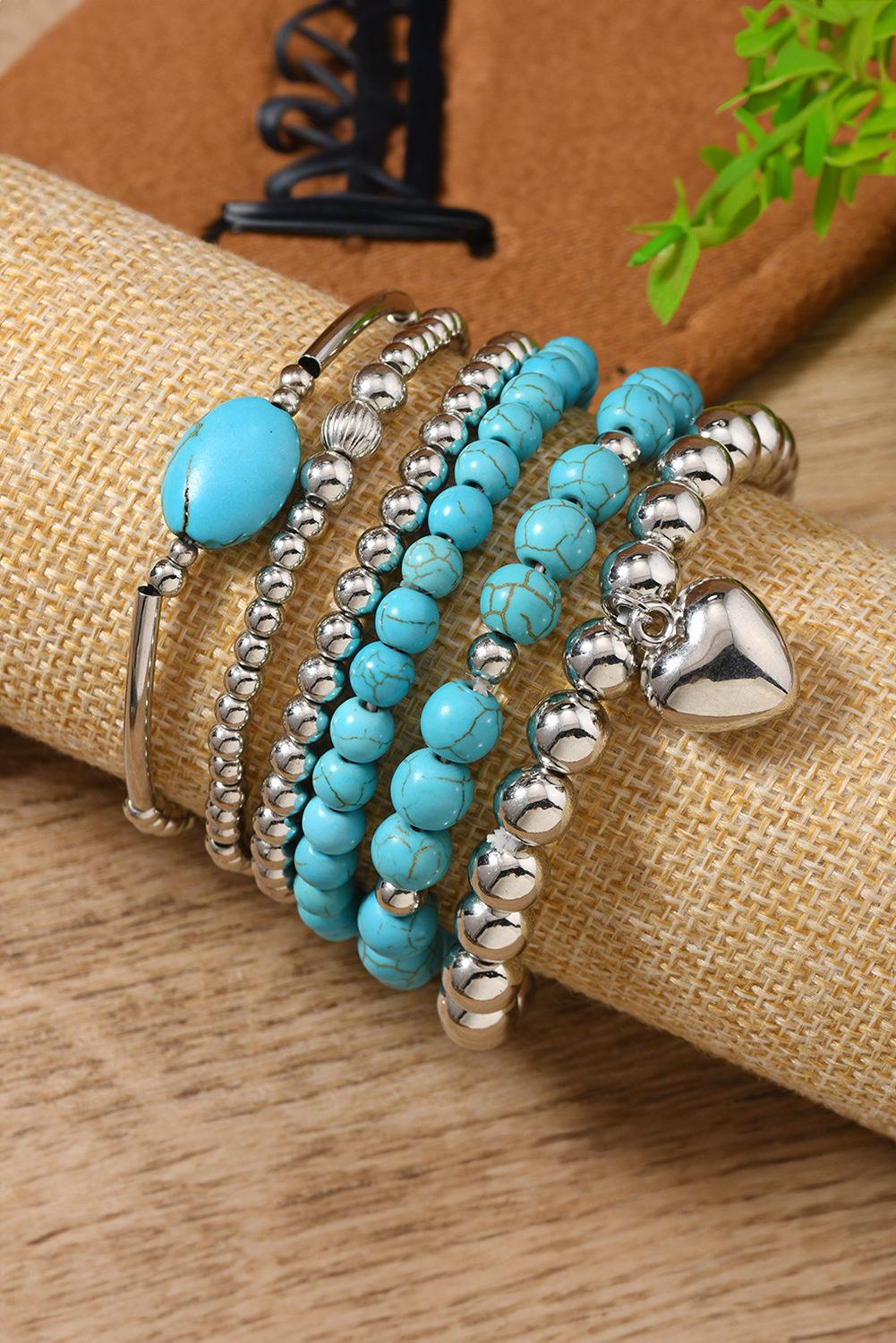 Silvery Pleated Heart Charm Beaded Turquoise Multilayer 6pcs Bracelet Set