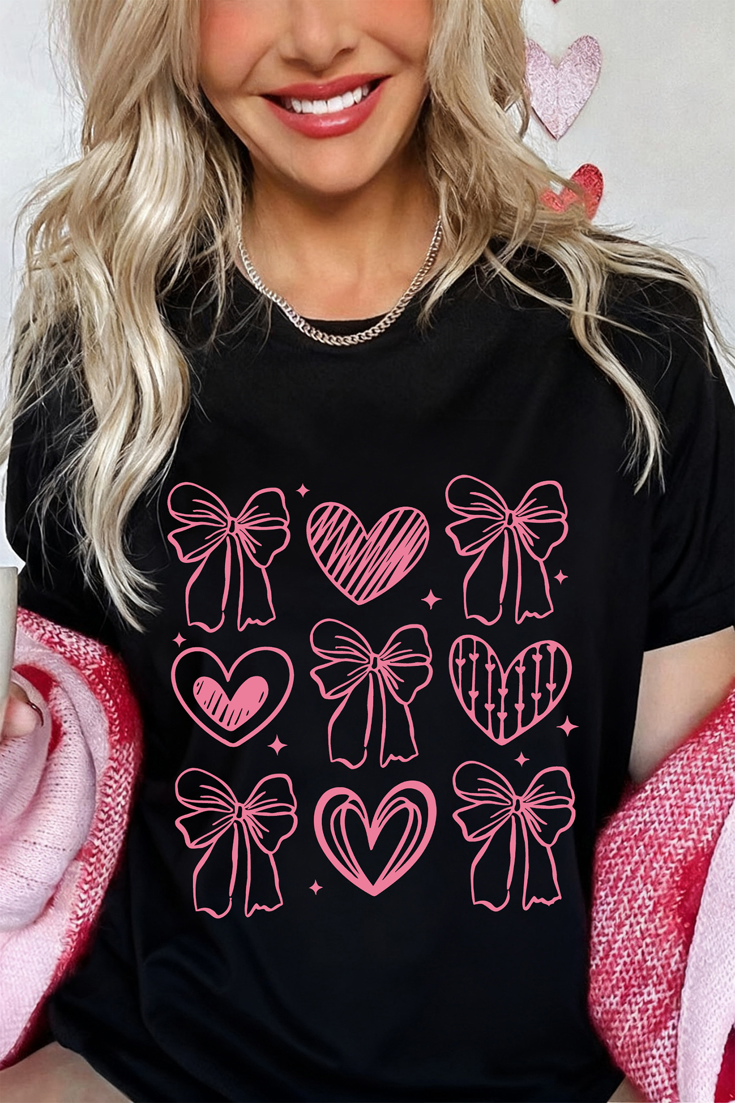 Black Cute Bow Heart Printed Valentines Day T Shirt